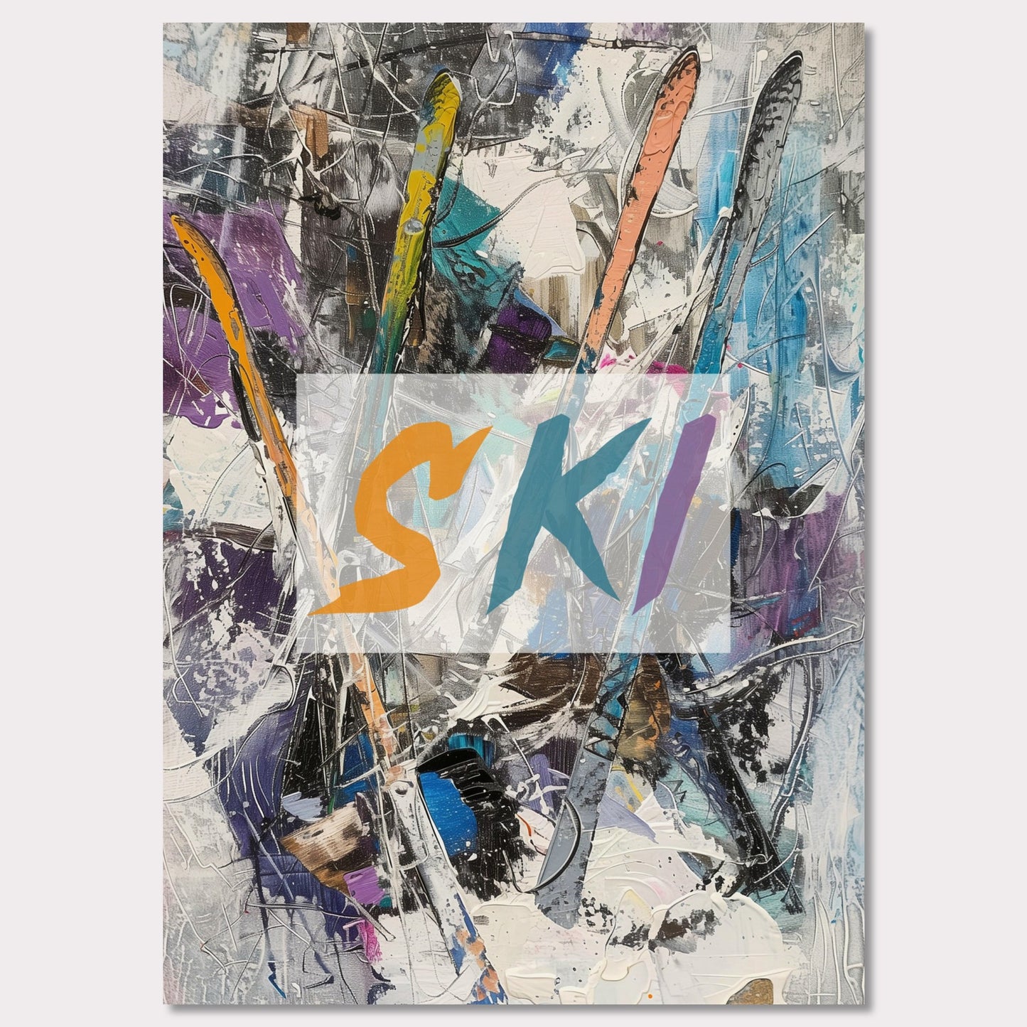 This vibrant artwork showcases an abstract composition featuring colorful ski elements. The word "SKI" is prominently displayed in bold, dynamic letters across the center. The background is a chaotic mix of brushstrokes and textures, creating a sense of movement and energy.