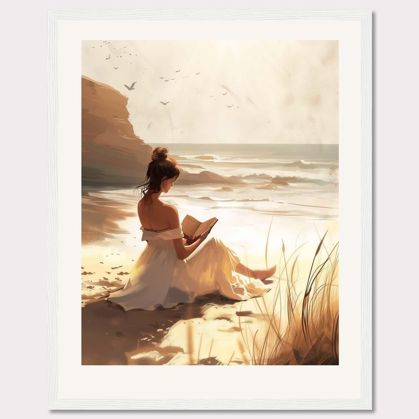 This serene artwork depicts a woman in a white dress sitting on a sandy beach, engrossed in a book. The sun casts a warm golden glow over the scene, enhancing the tranquil atmosphere. In the background, waves gently crash against the shore, and birds soar in the sky.