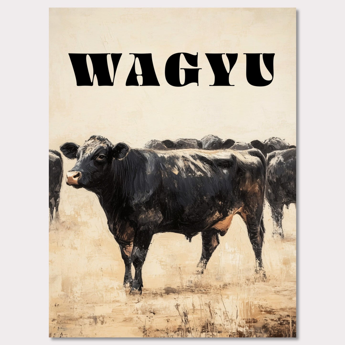 This captivating painting depicts a group of black cows standing together, evoking a sense of unity and strength. The textured brushstrokes and neutral background create a striking contrast, highlighting the animals' dark forms.