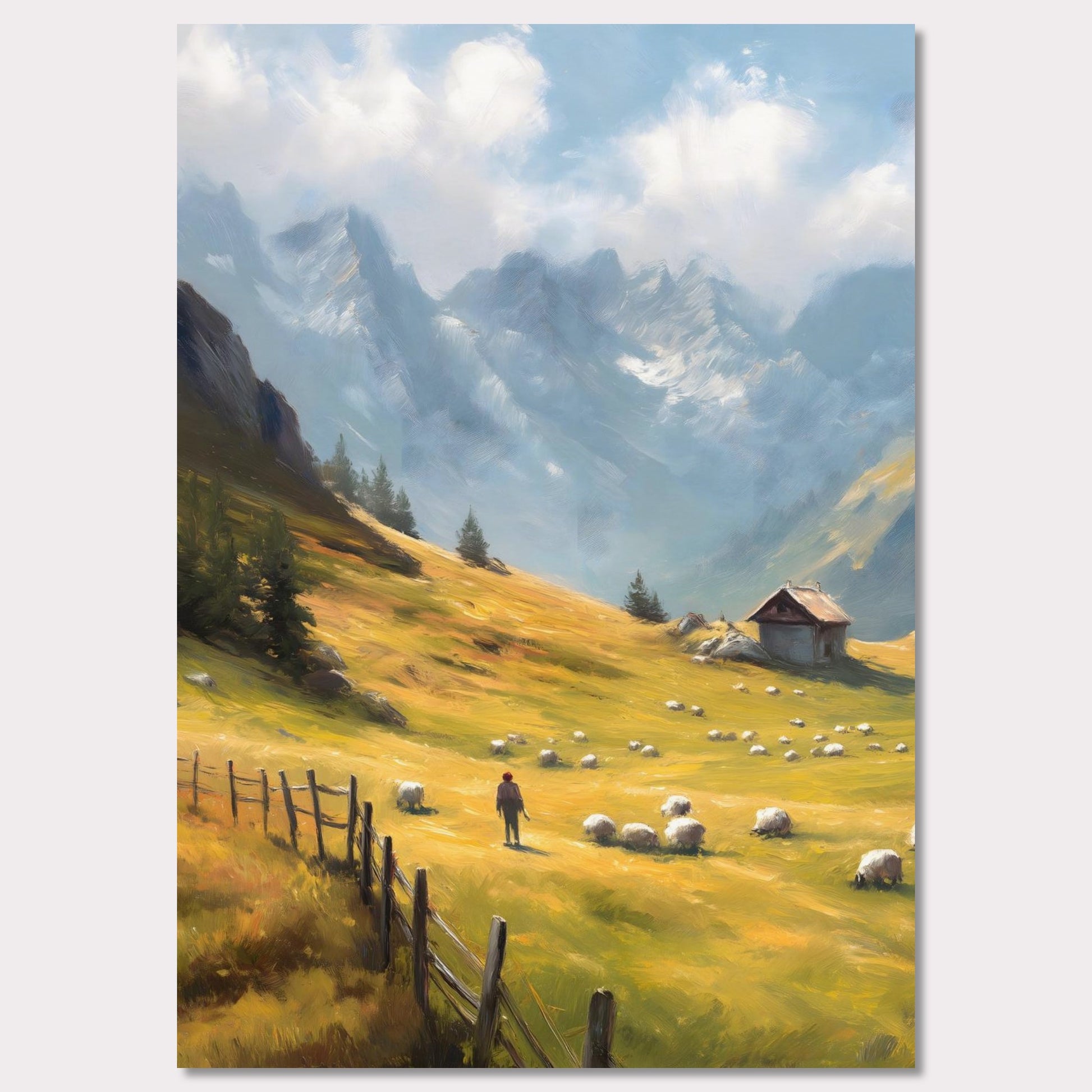 A shepherd tends his flock in a golden mountain pasture, surrounded by dramatic peaks and old-world charm. The wooden fence and cabin speak of a slower, enduring lifestyle. Bathed in warm light, this image transports viewers to a timeless Alpine morning.