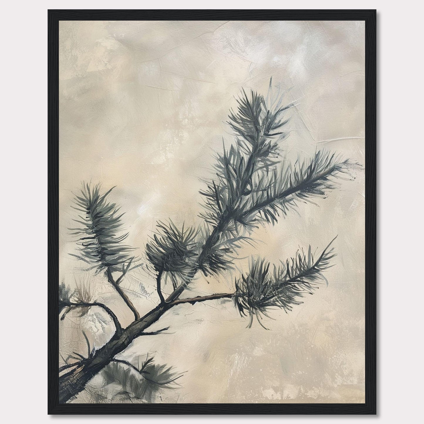 This elegant artwork features a delicate pine branch set against a soft, muted background. The painting captures the serene beauty of nature with its minimalist design and subtle color palette.