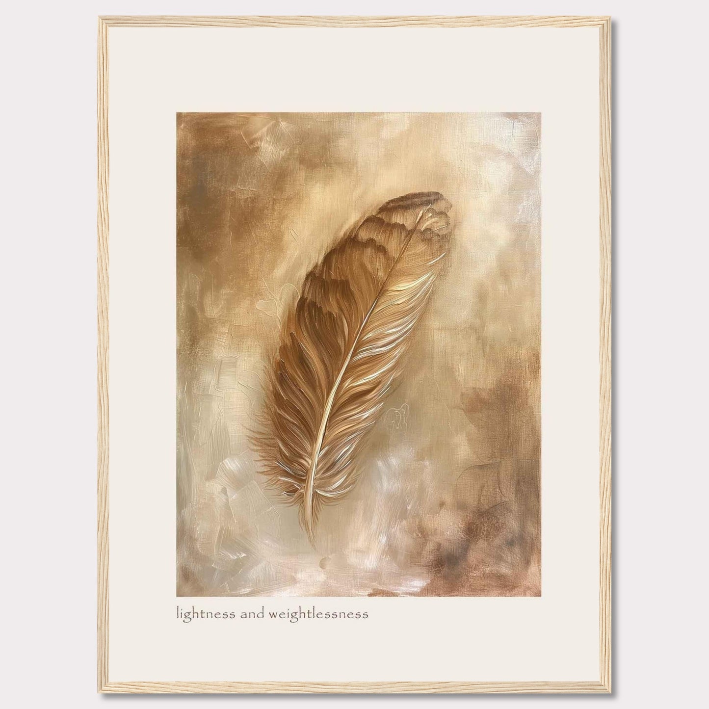 This image showcases a beautifully framed artwork featuring a single feather. The feather is depicted in warm, earthy tones, creating a sense of tranquility and elegance. The background consists of soft, abstract brushstrokes that enhance the delicate nature of the feather. At the bottom of the artwork, the phrase "lightness and weightlessness" is inscribed, adding to the ethereal feel of the piece.