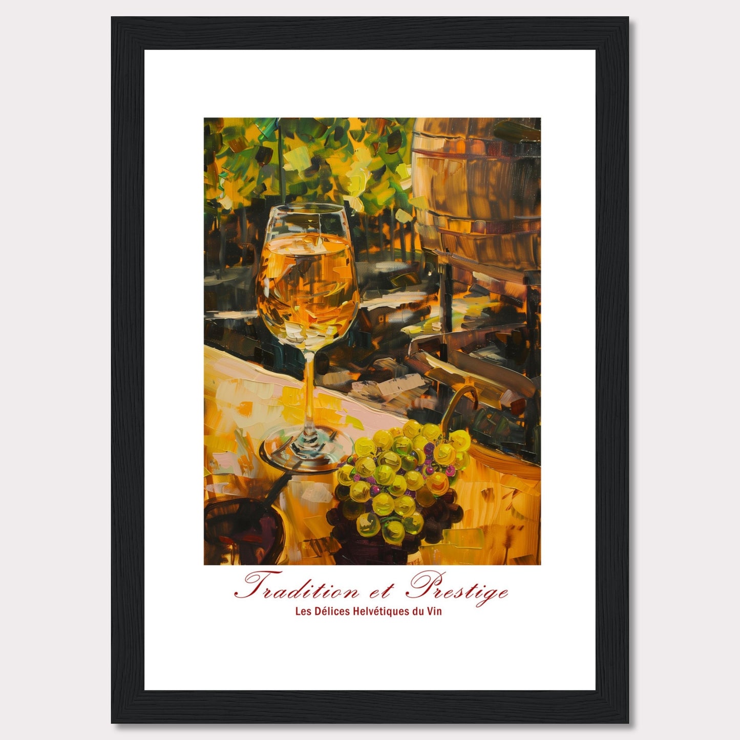 This image showcases a beautifully painted scene of a wine glass filled with white wine, set against a backdrop of a vineyard. The painting captures the essence of tradition and prestige in winemaking.