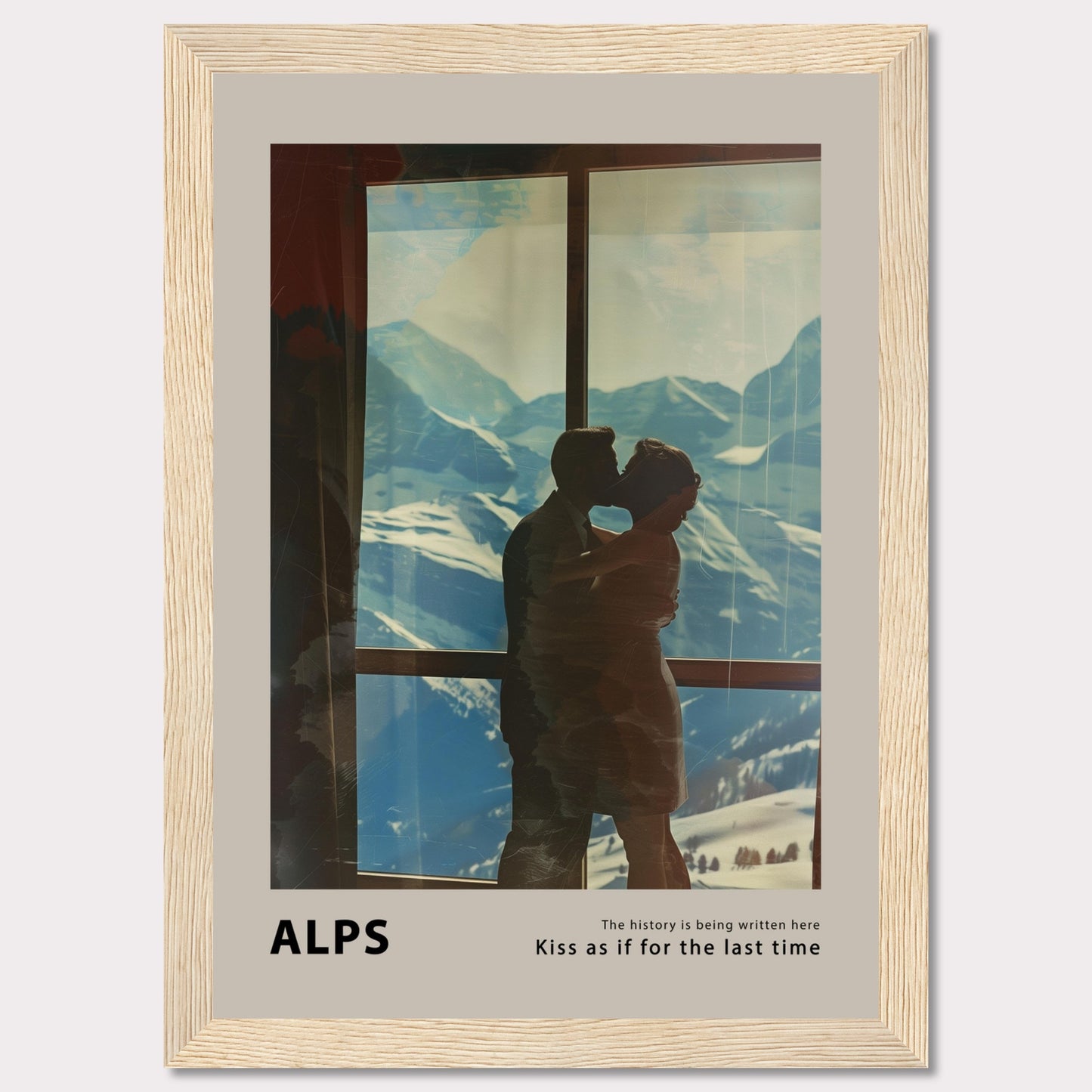 A romantic poster featuring a couple sharing a kiss with the breathtaking backdrop of the Alps visible through a large window. The serene snowy mountains and clear blue sky add to the emotional ambiance.