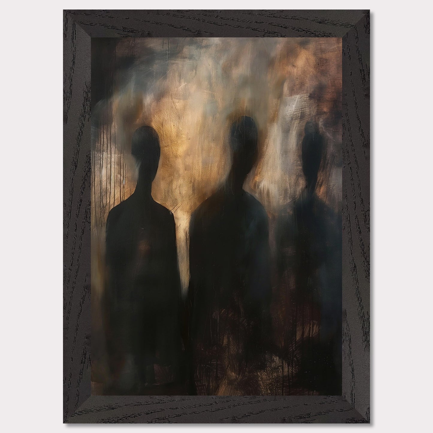 This evocative painting features three shadowy figures set against a smoky, abstract background. The use of dark and muted tones creates a mysterious and haunting atmosphere, inviting viewers to contemplate the unknown. The blending of colors and indistinct forms evoke emotions of intrigue and curiosity.