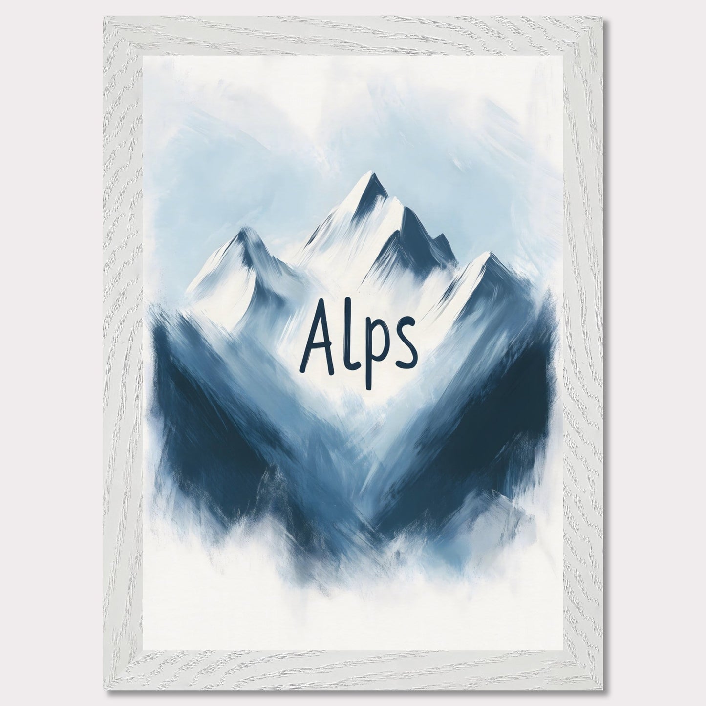 This minimalistic poster captures the raw beauty of alpine peaks, portrayed in a painterly, soft blue tone. The ethereal ambiance evokes a sense of peace and awe, celebrating the untouched splendor of nature.