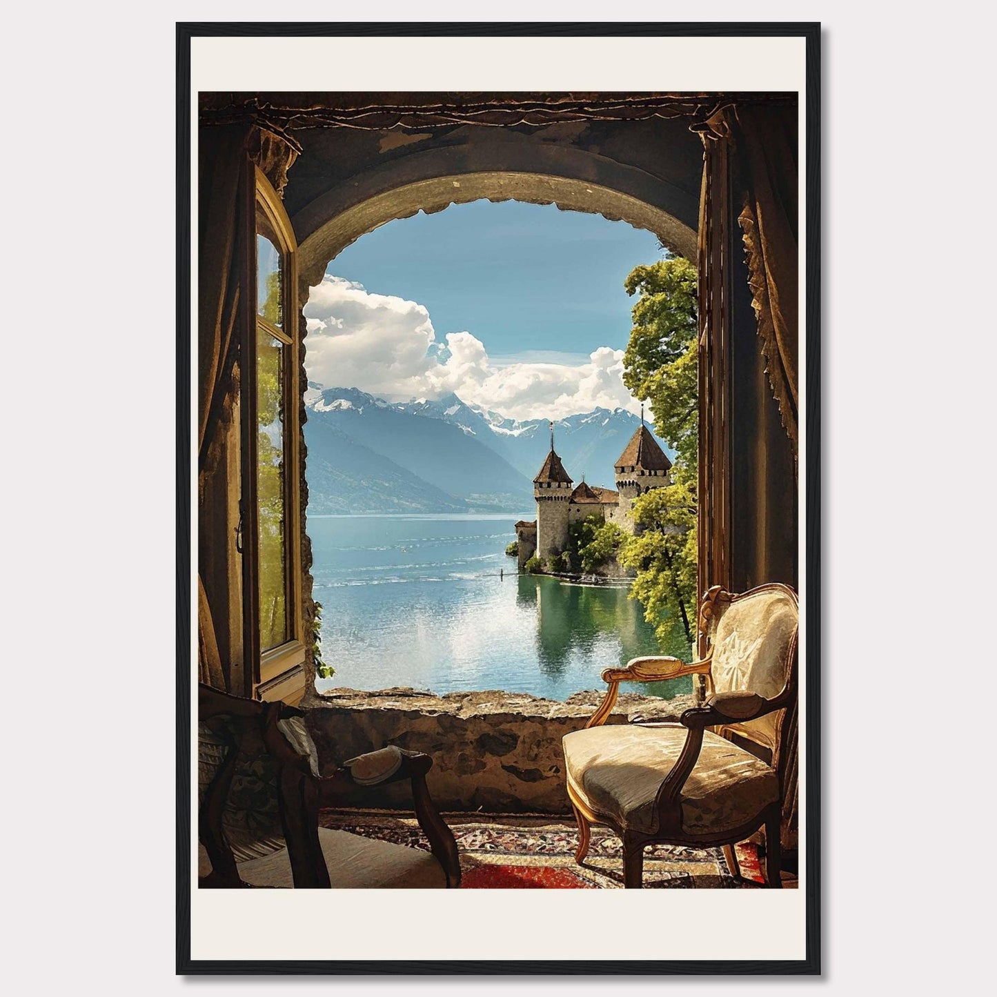 This stunning framed artwork captures a breathtaking view through an arched window, revealing a serene lake with a majestic castle and snow-capped mountains in the background. The cozy interior with antique chairs adds a touch of warmth and elegance.