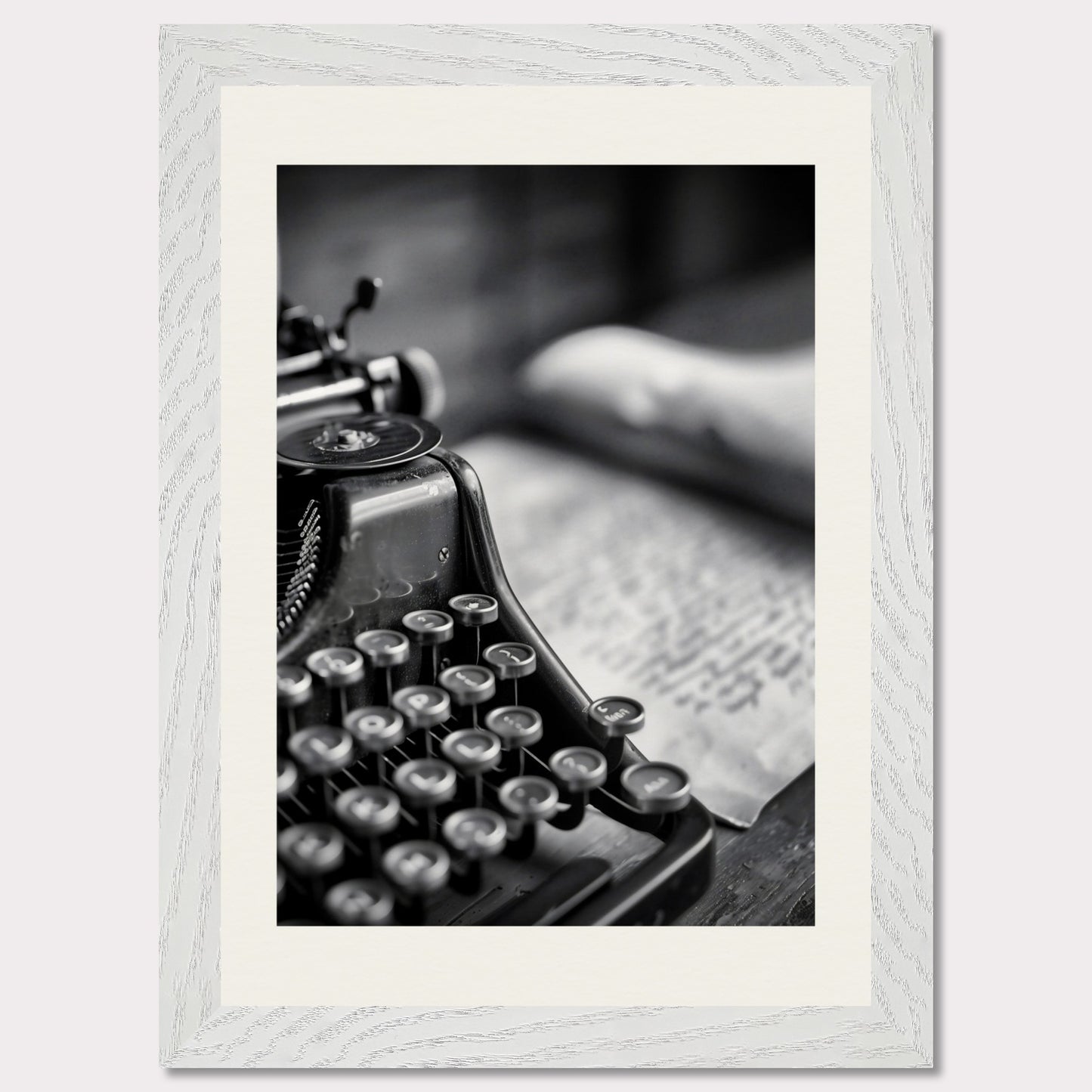 This is a black and white illustration of an old-fashioned typewriter with a blurred background.