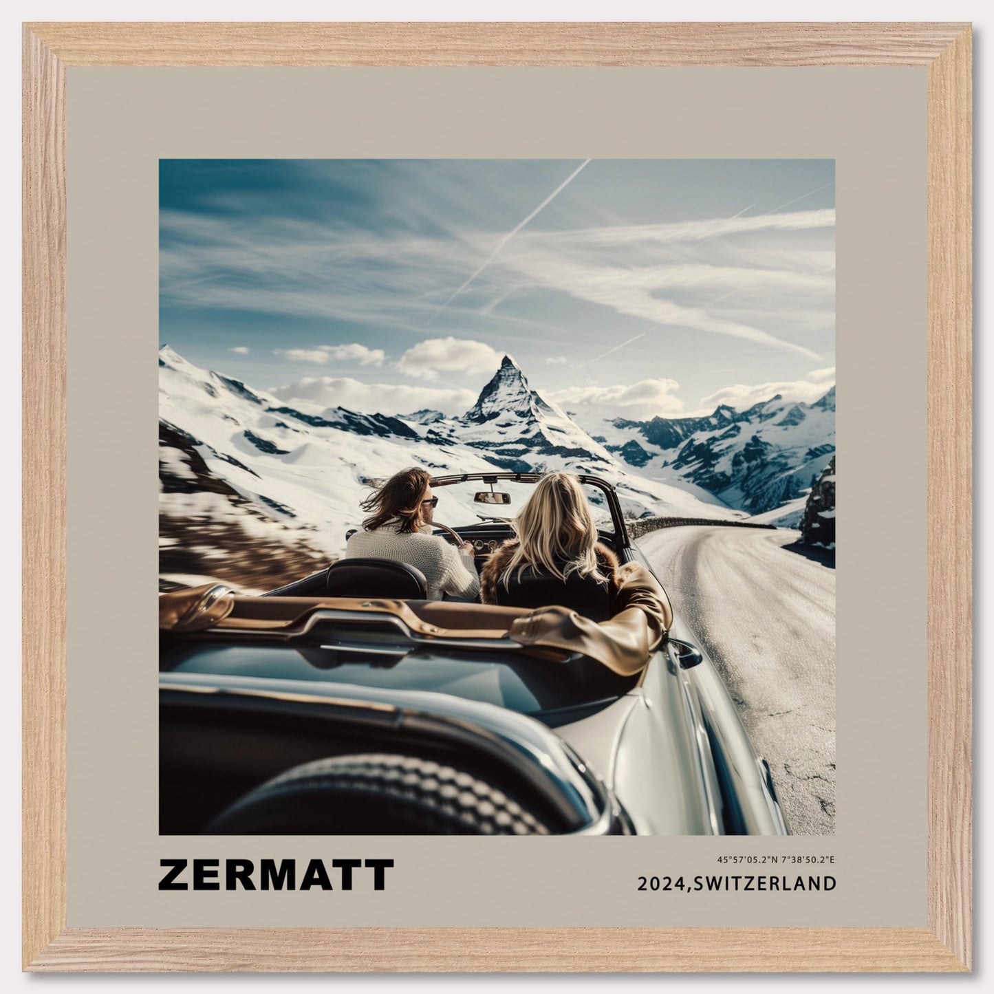 Experience the thrill of a scenic drive through the snowy mountains of Zermatt, Switzerland. This captivating image showcases two adventurers in a convertible, with the iconic Matterhorn standing majestically in the background.