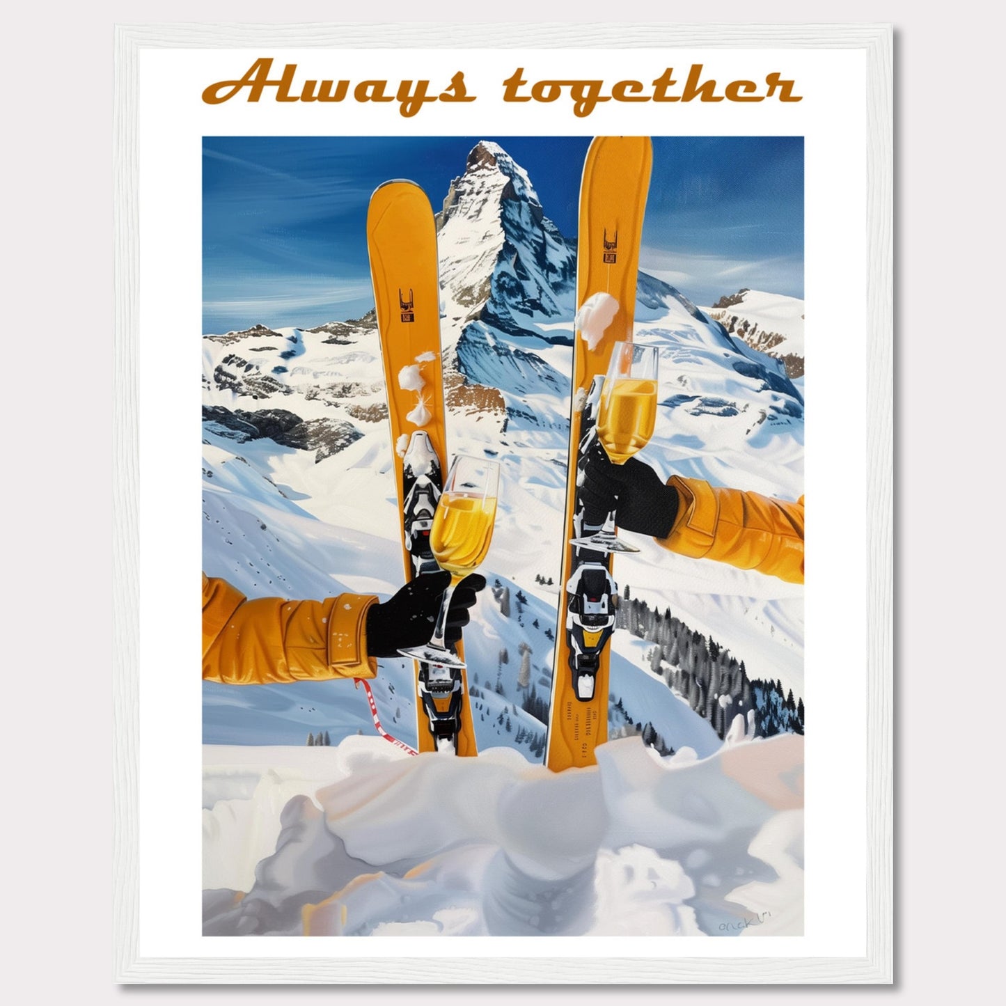 This image showcases a picturesque winter scene with two skiers celebrating on a snowy mountain. The central focus is on the skis and champagne glasses, symbolizing a joyous moment shared together.