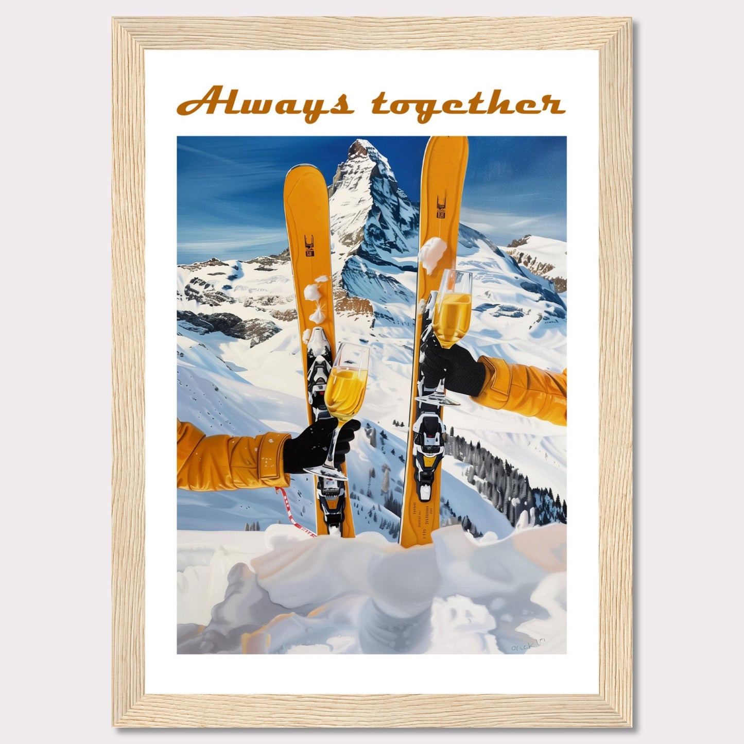 This image showcases a picturesque winter scene with two skiers celebrating on a snowy mountain. The central focus is on the skis and champagne glasses, symbolizing a joyous moment shared together.