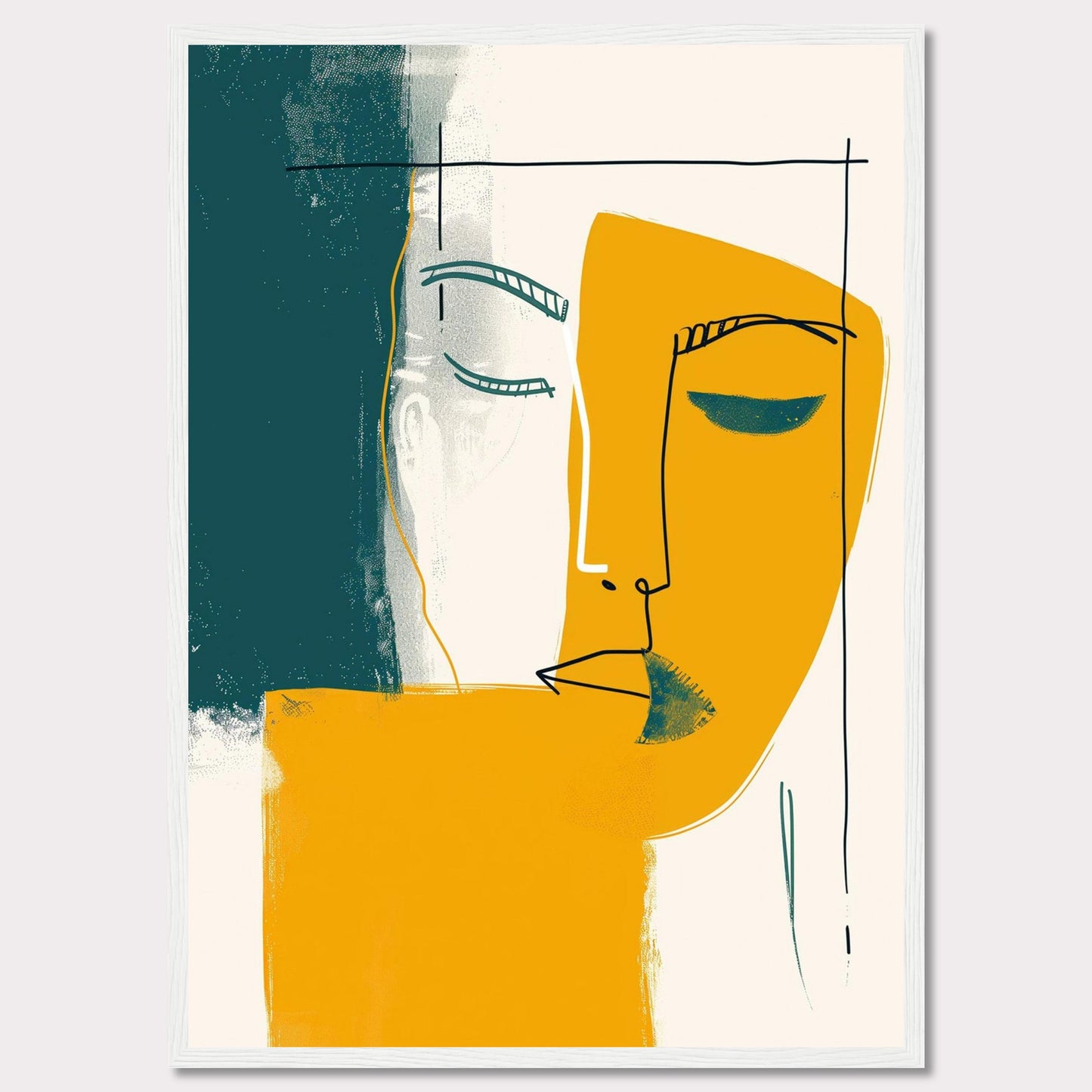 This captivating abstract art piece features a minimalist line drawing of a face, blending bold colors and simple shapes to create a striking visual impact. The artwork combines teal, mustard yellow, and white, with a black frame adding a touch of sophistication.