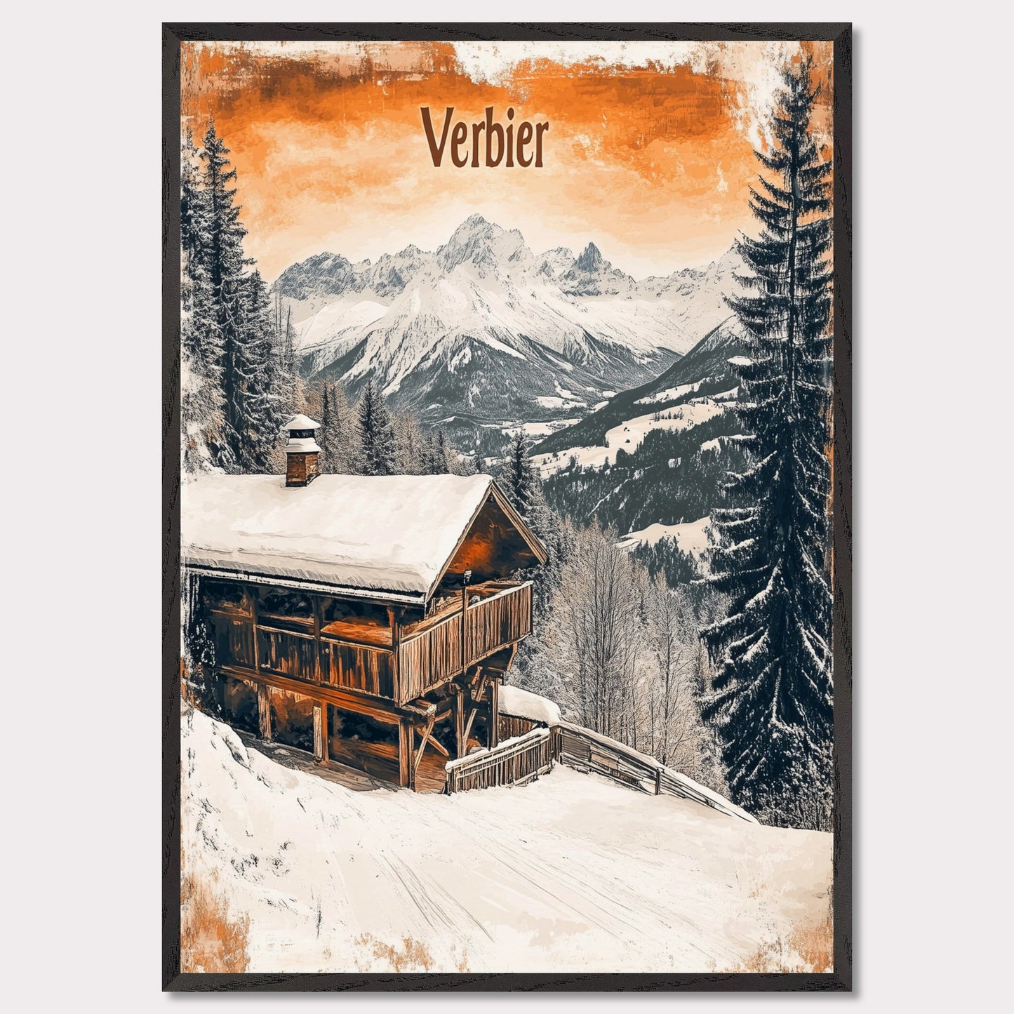 This charming retro-style poster showcases a cozy wooden cabin nestled in the snowy mountains of Verbier. The cabin, with its warm and rustic exterior, contrasts beautifully against the crisp white snow and towering, snow-capped peaks in the distance. The soft, vintage tones in the sky and the peaceful surroundings evoke a sense of tranquility and the perfect winter getaway. The gentle snowfall and warm cabin lights enhance the nostalgic feeling of a quiet retreat in the Alps.