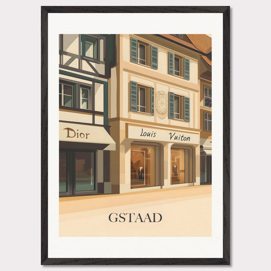 A beautifully illustrated poster showcasing Gstaad’s world-class shopping scene. The charming facades of Dior and Louis Vuitton boutiques reflect the town’s upscale ambiance.