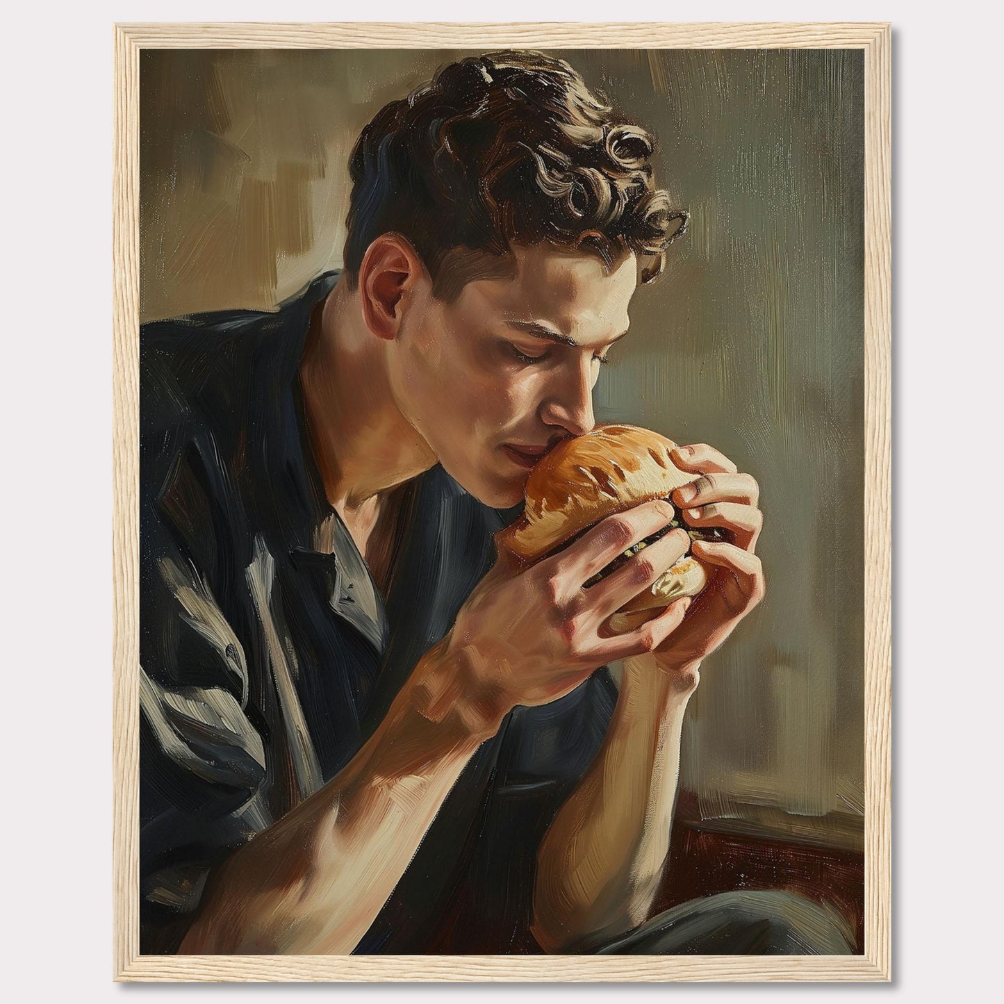 This captivating painting depicts a young man deeply savoring the aroma of a freshly made burger. The rich, detailed brushstrokes highlight the intensity of the moment, capturing a sense of appreciation and contentment.