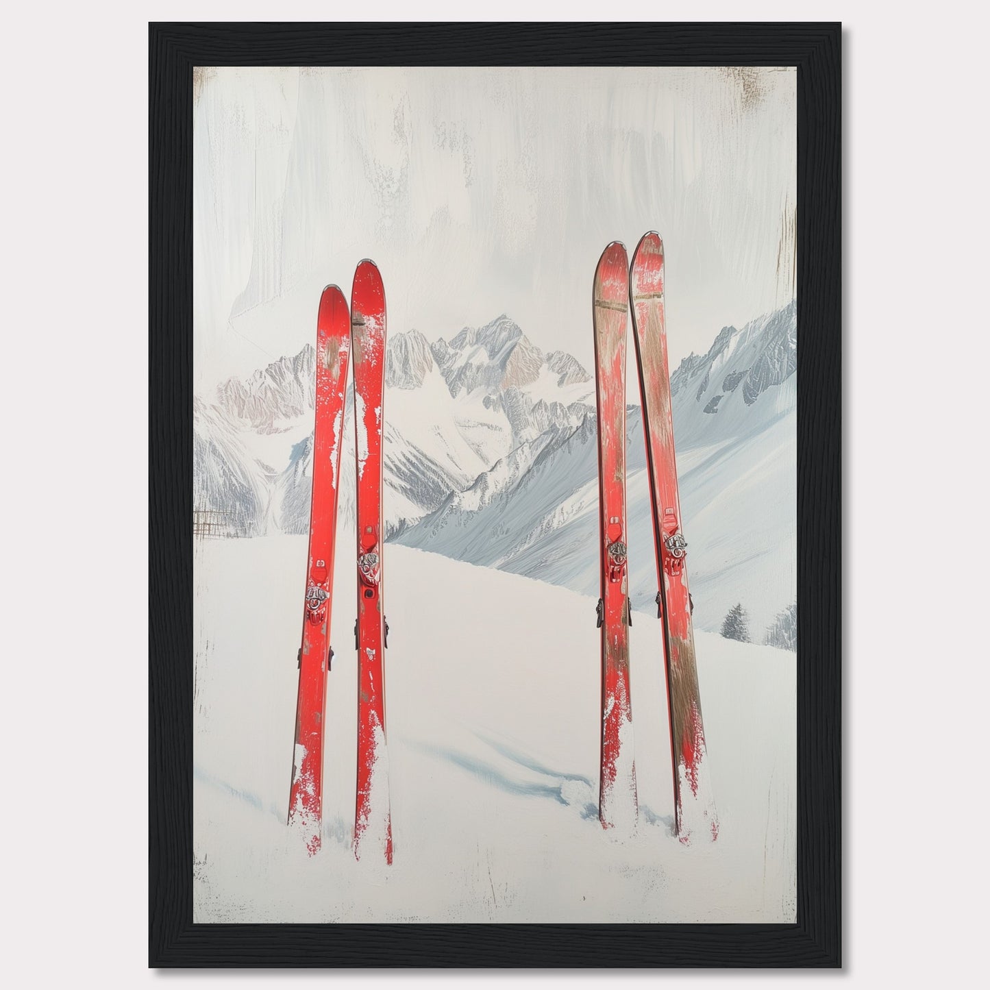 This captivating image showcases a serene winter scene with four red skis planted in the snow against a backdrop of majestic, snow-covered mountains. The skis stand out vibrantly against the white snow and the muted tones of the distant peaks. The overall composition evokes a sense of adventure and the thrill of skiing in the great outdoors.