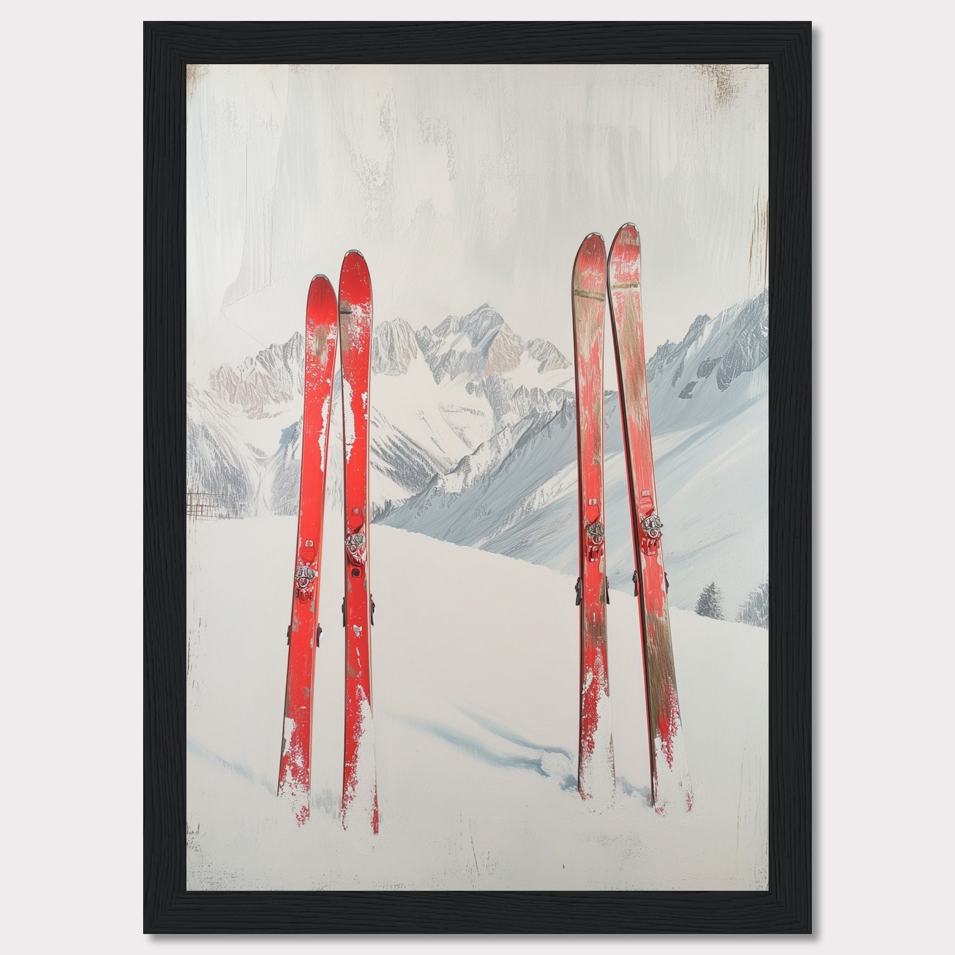 This captivating image showcases a serene winter scene with four red skis planted in the snow against a backdrop of majestic, snow-covered mountains. The skis stand out vibrantly against the white snow and the muted tones of the distant peaks. The overall composition evokes a sense of adventure and the thrill of skiing in the great outdoors.