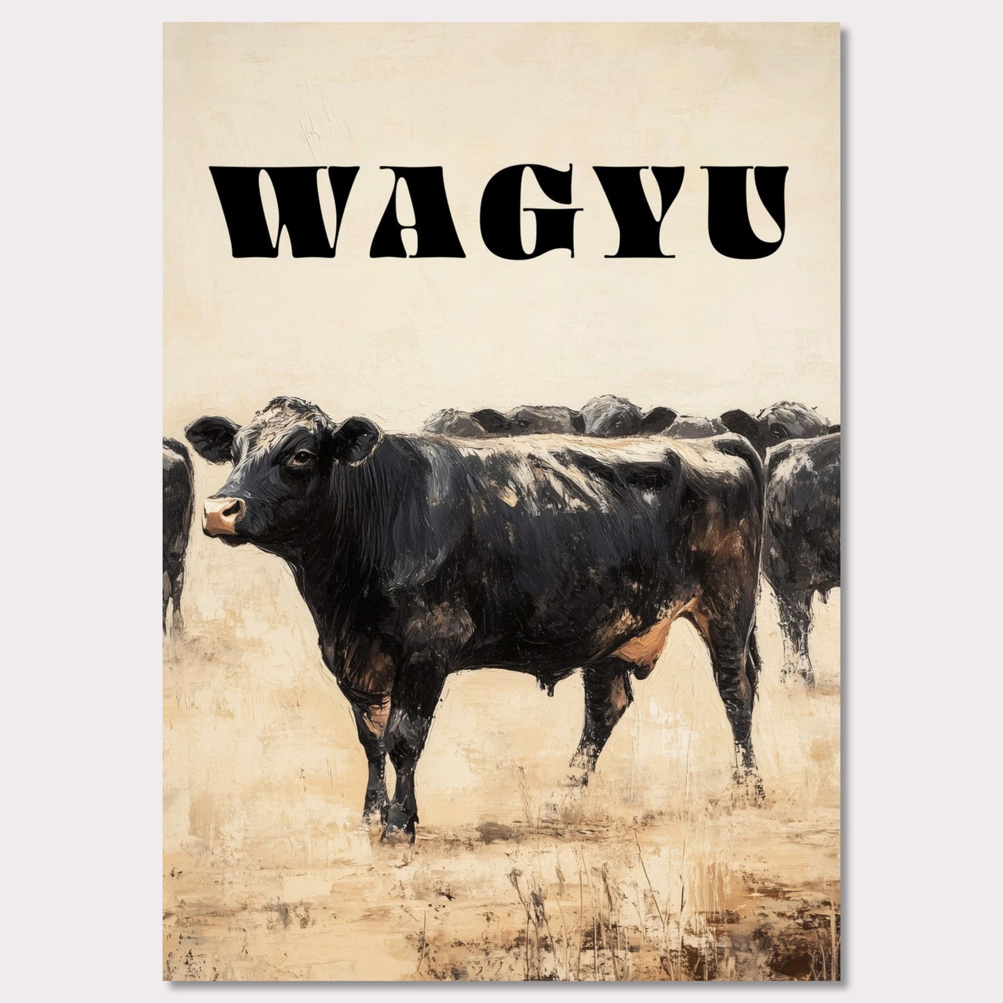 This captivating painting depicts a group of black cows standing together, evoking a sense of unity and strength. The textured brushstrokes and neutral background create a striking contrast, highlighting the animals' dark forms.