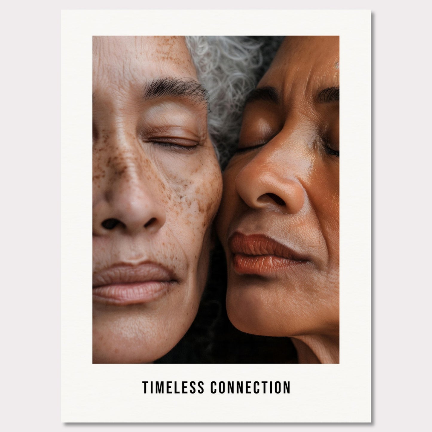 This illustration shows a close-up view of two elderly individuals with their eyes closed, conveying a sense of peace and connection. The text "TIMELESS CONNECTION" is displayed at the bottom.

This poster would fit well in a living room, bedroom, or any space meant for relaxation and reflection.