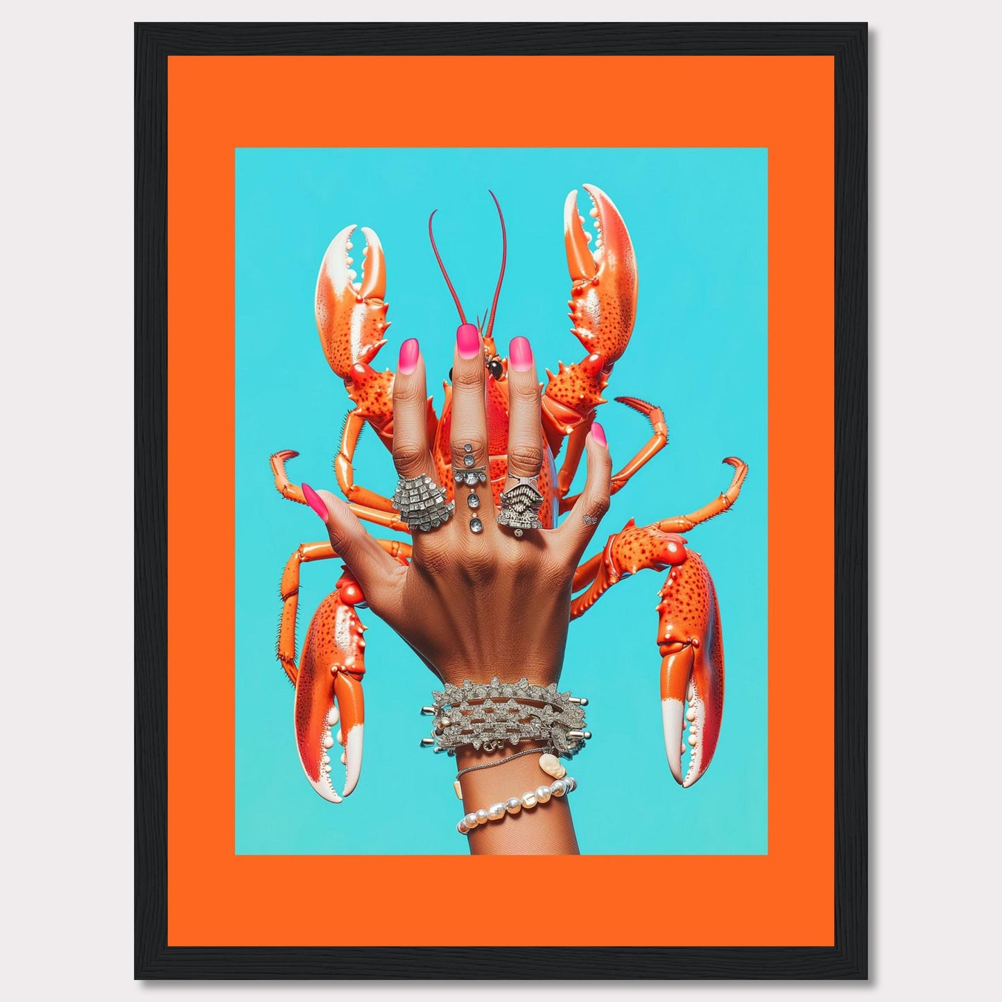 This vibrant and quirky artwork features a hand adorned with luxurious rings and bracelets, holding a bright orange lobster against a vivid blue background. The contrast between the bold colors and the intricate jewelry creates a striking visual impact.