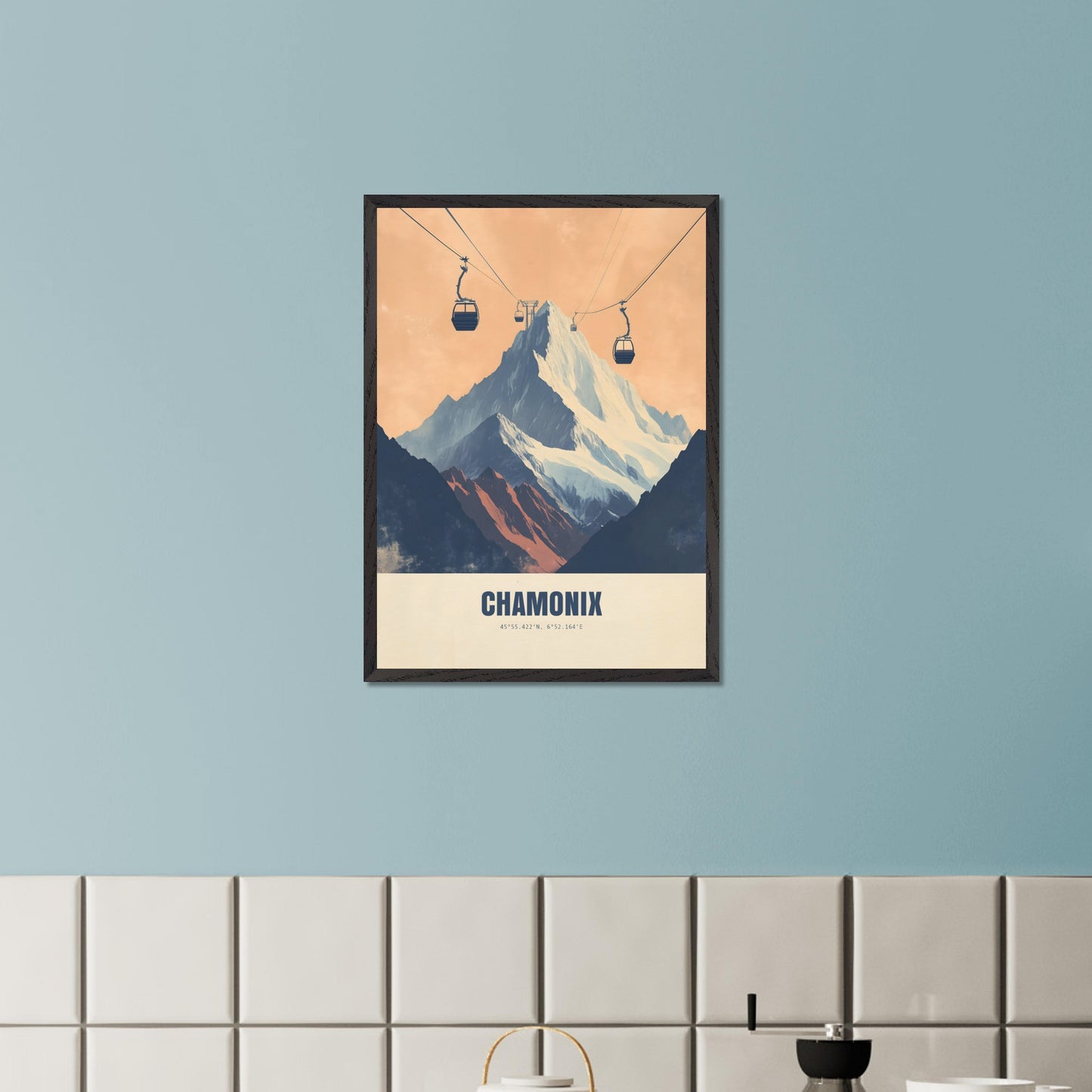 This striking poster showcases the dramatic ascent to Chamonix’s peaks, with cable cars stretching across the sky towards the snow-covered mountains. The bold contrasts between deep shadows and glowing light create an atmosphere of adventure and grandeur.