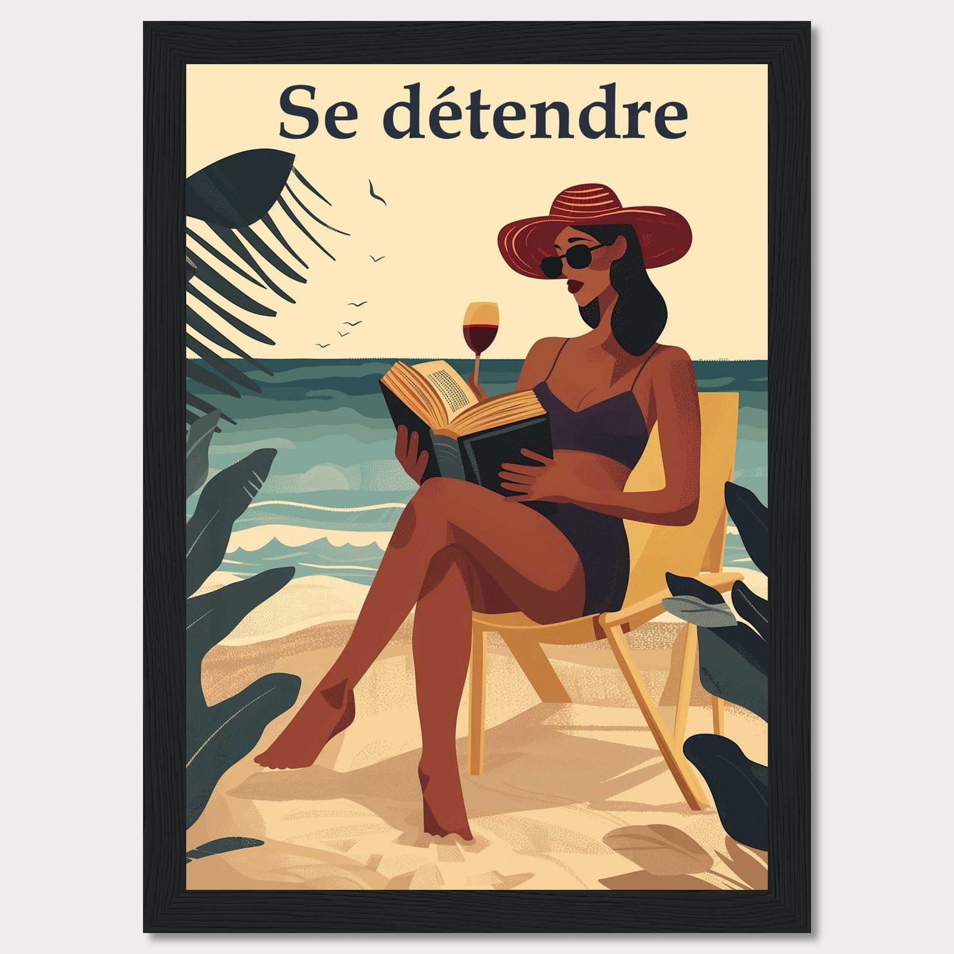 This illustration captures a serene beach scene with a woman relaxing on a chair, reading a book, and enjoying a glass of wine. The text "Se détendre" at the top translates to "Relax" in English.