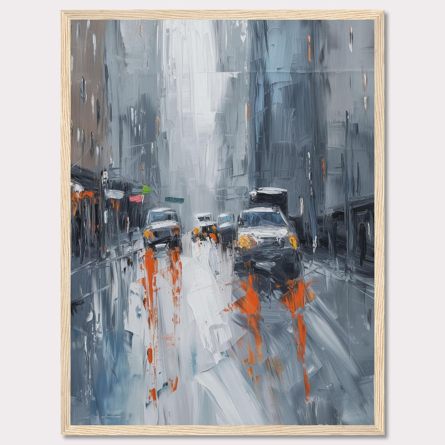 This captivating painting portrays a rainy city street with cars and buildings enveloped in a misty atmosphere. The artist uses bold brushstrokes and a muted color palette with pops of orange to depict the bustling urban scene.