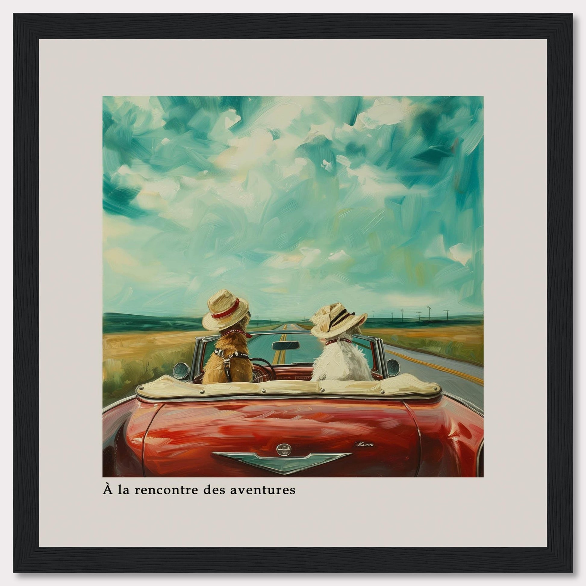 This charming artwork depicts two dogs wearing hats, riding in a red convertible on an open road under a vibrant sky. The scene evokes a sense of adventure and freedom.