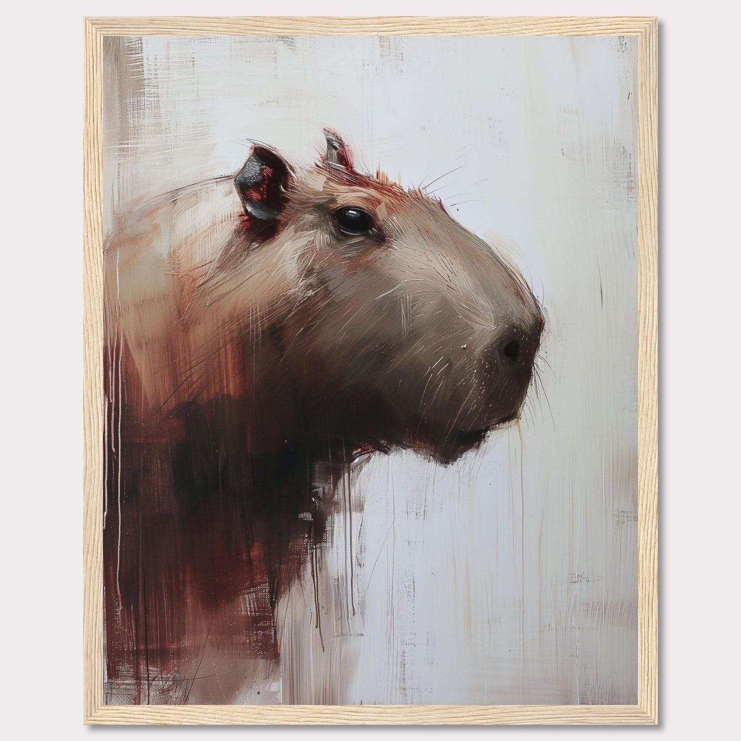 This image showcases a striking painting of a capybara, rendered in a modern, abstract style. The artwork features bold brush strokes and a muted color palette, with the capybara's head turned slightly to the side.