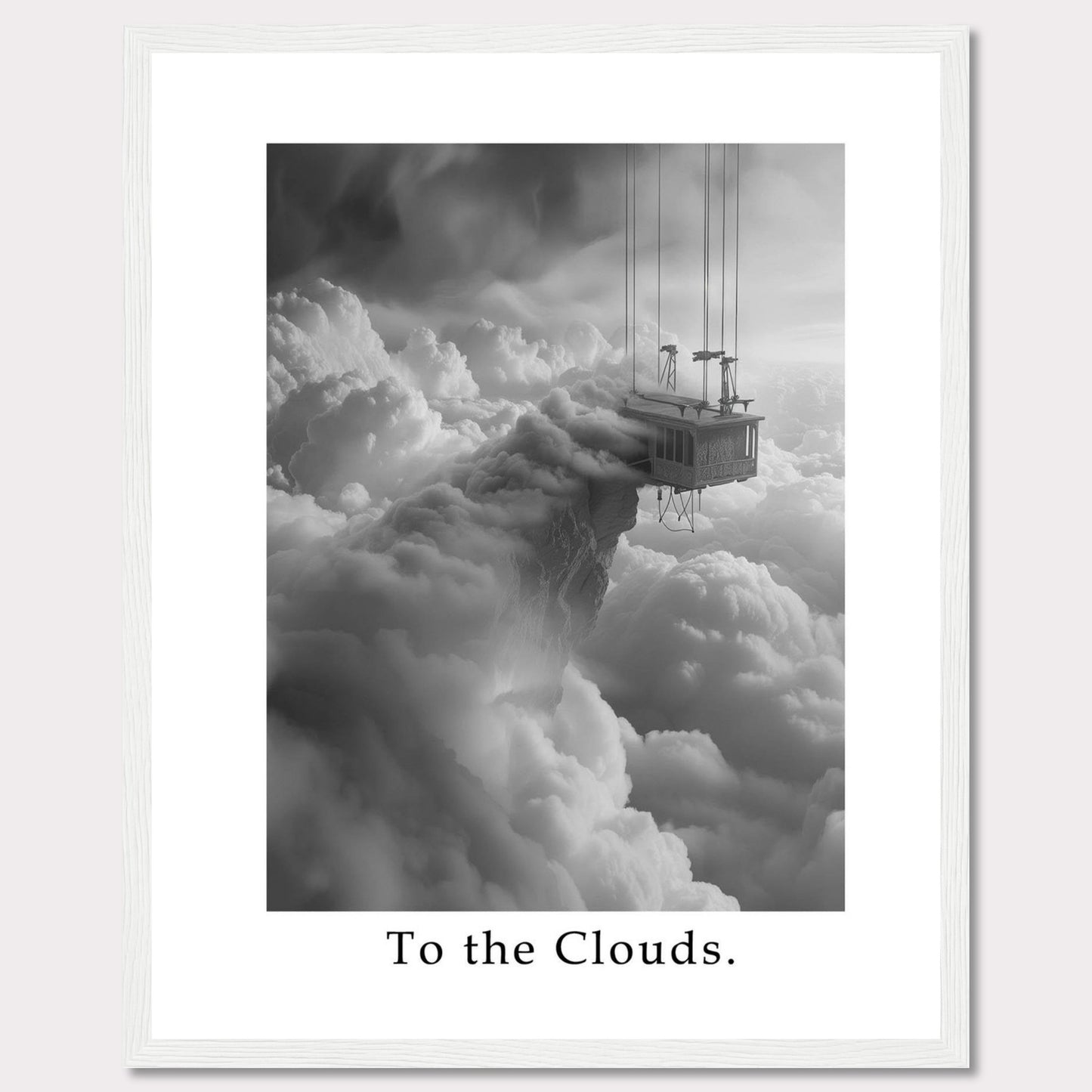 This captivating black and white artwork features a surreal scene of a house suspended high above the clouds, connected by cables. The image evokes a sense of wonder and adventure.