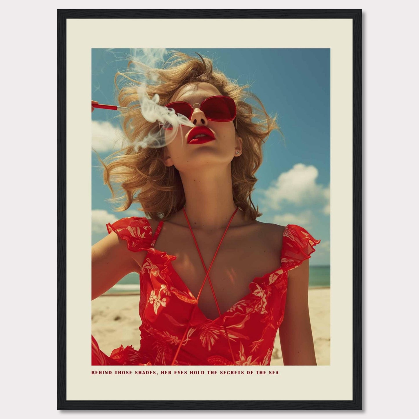 This striking image features a woman in a vibrant red dress and matching sunglasses, exuding confidence and mystery. The ocean and sky form the serene backdrop, while smoke adds an air of intrigue. The caption reads, "BEHIND THOSE SHADES, HER EYES HOLD THE SECRETS OF THE SEA."