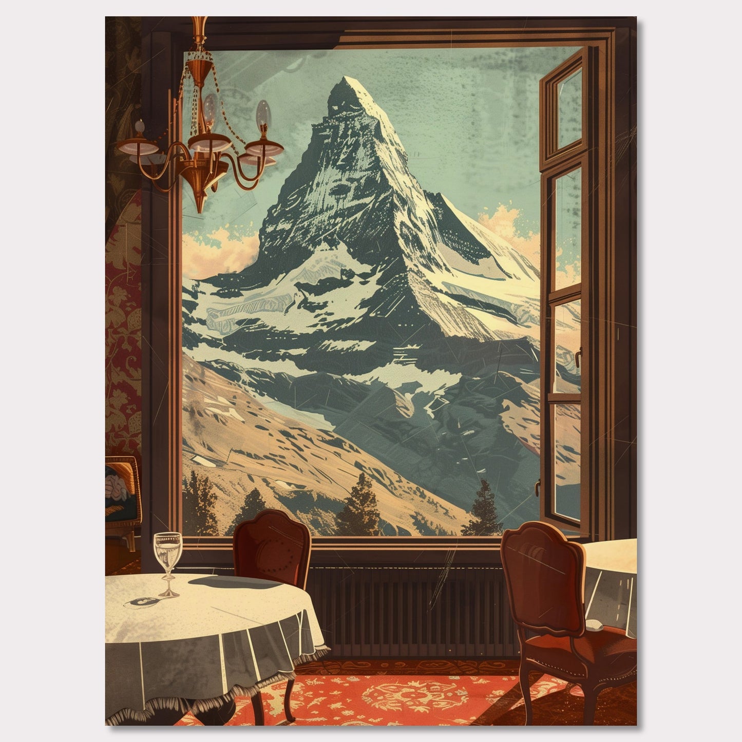 Witness the breathtaking view of a majestic snow-capped mountain through an elegantly framed window. This serene setting features a cozy dining area with classic furniture, a radiant chandelier, and a beautifully patterned carpet.