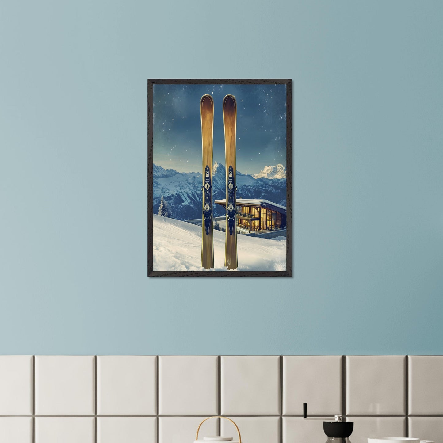 This elegant poster showcases the perfect blend of tradition and modernity in a snowy alpine escape. Two sleek skis stand proudly in the foreground, while a contemporary, glowing chalet nestled in the mountains provides a warm contrast to the frosty winter scene.