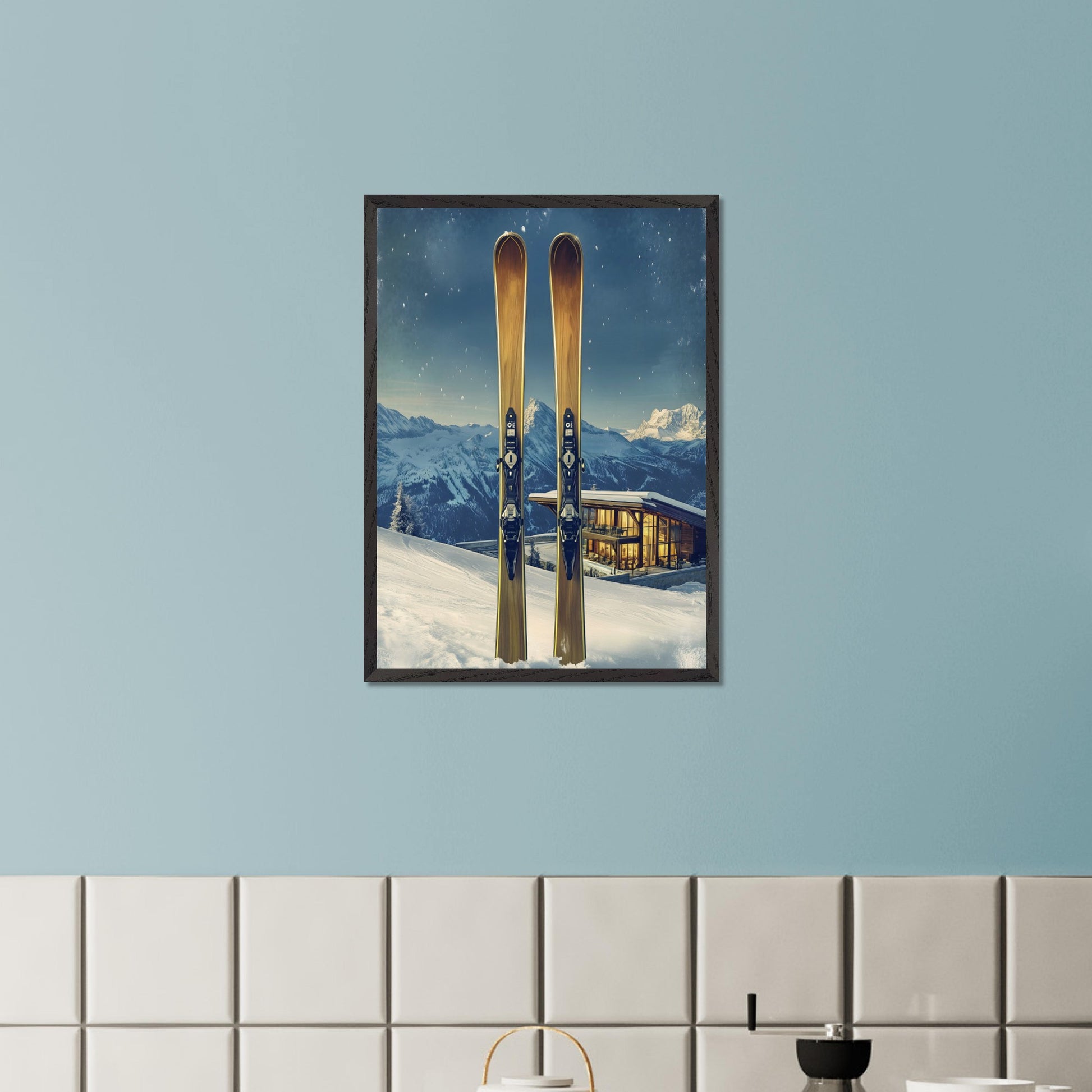 This elegant poster showcases the perfect blend of tradition and modernity in a snowy alpine escape. Two sleek skis stand proudly in the foreground, while a contemporary, glowing chalet nestled in the mountains provides a warm contrast to the frosty winter scene.