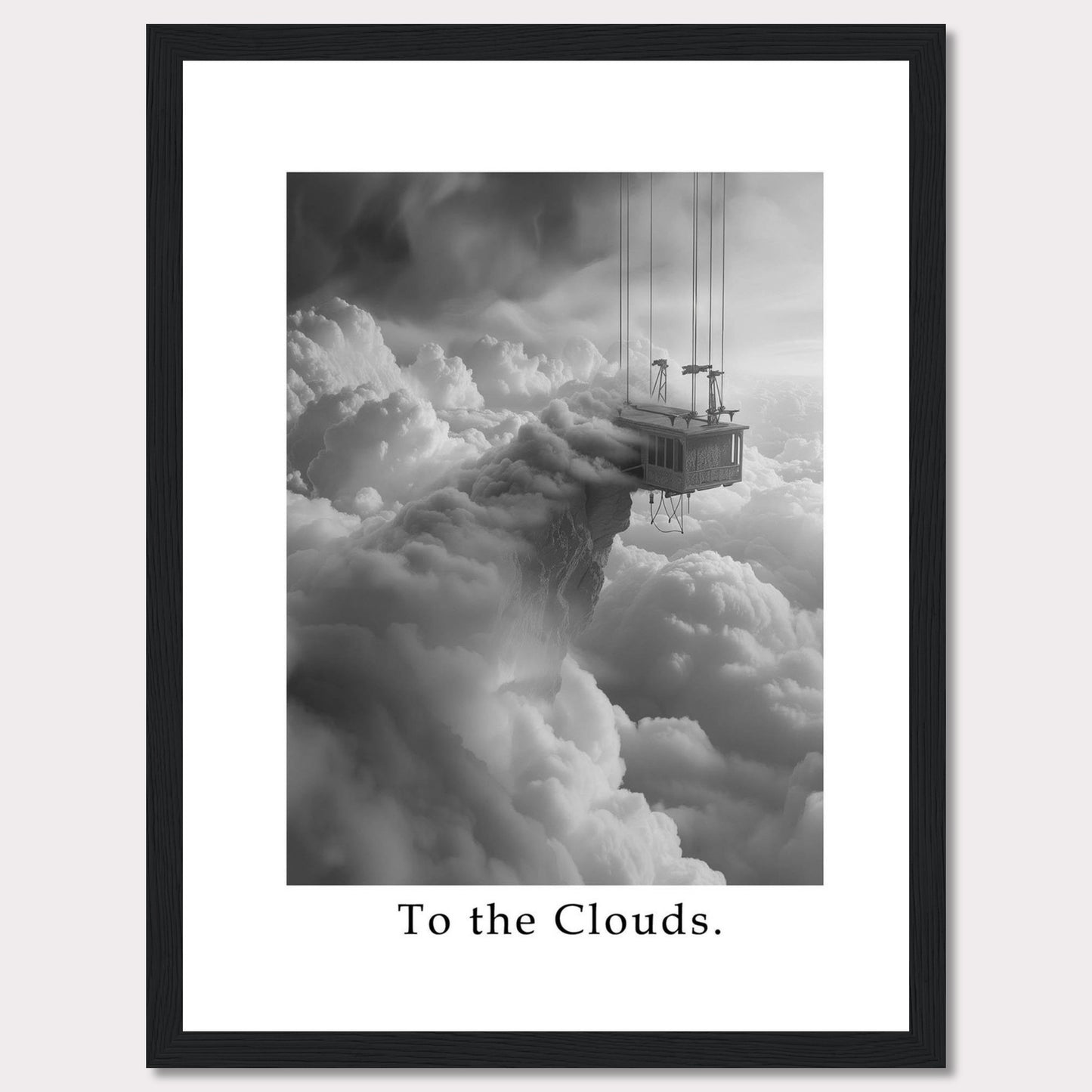 This captivating black and white artwork features a surreal scene of a house suspended high above the clouds, connected by cables. The image evokes a sense of wonder and adventure.