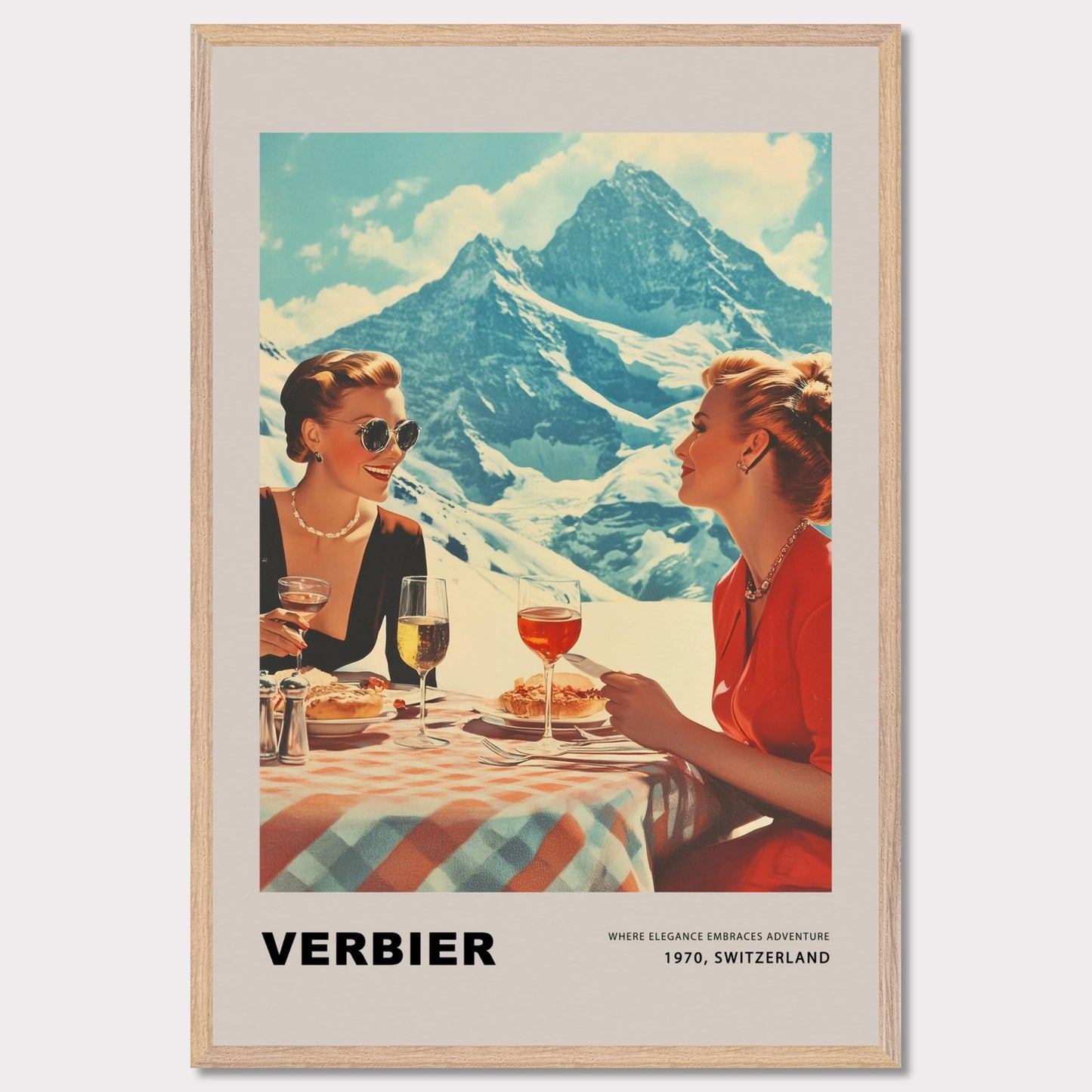 This glamorous poster showcases the refined charm of Verbier, featuring two elegantly dressed women enjoying an alfresco meal with breathtaking alpine peaks as their backdrop. The scene embodies a perfect blend of sophistication and adventure, inviting viewers to savor the unique allure of this Swiss ski destination.