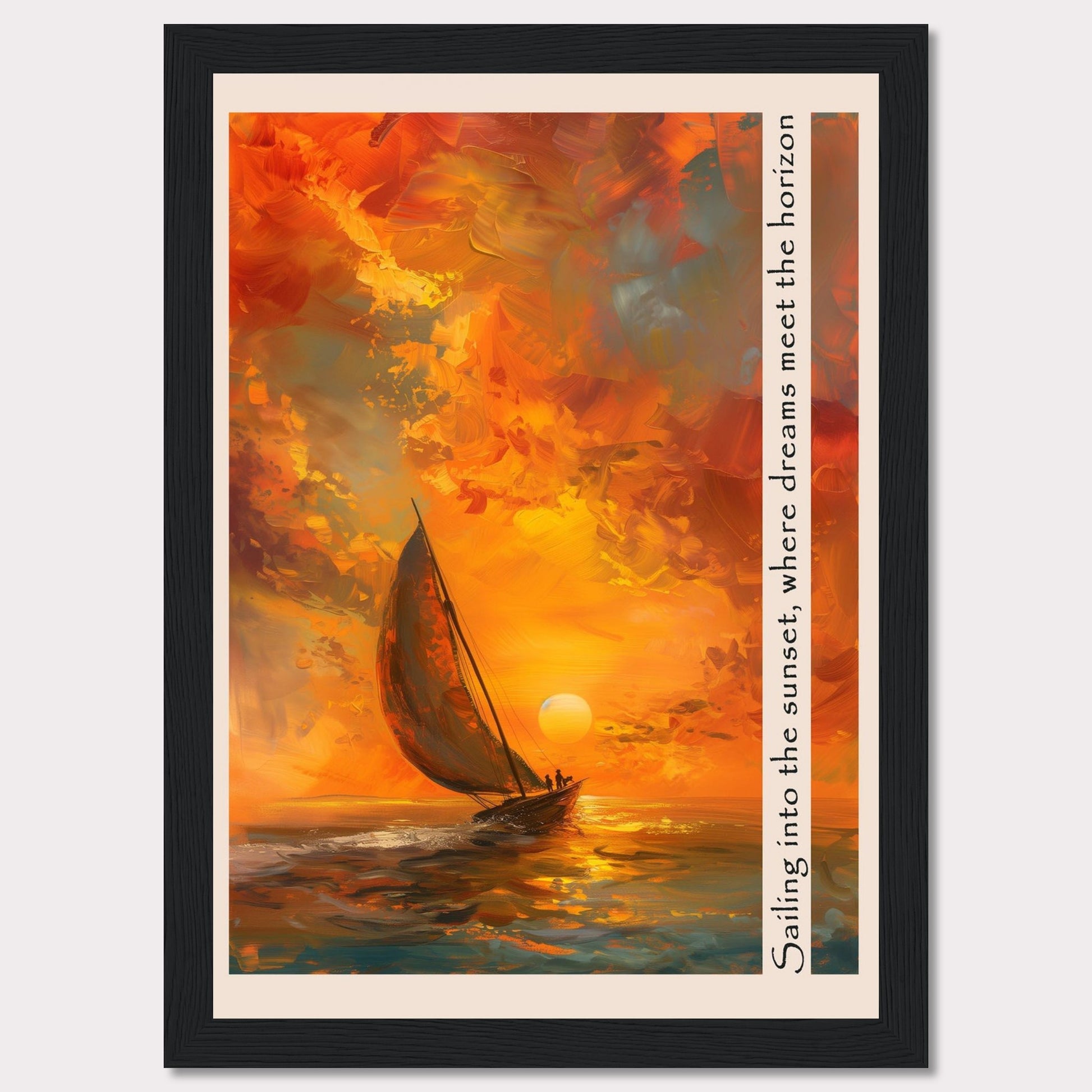 This captivating artwork depicts a sailboat gliding through the vibrant hues of a sunset, where the sky meets the sea in a harmonious blend of colors. The painting's warm tones evoke a sense of tranquility and adventure.