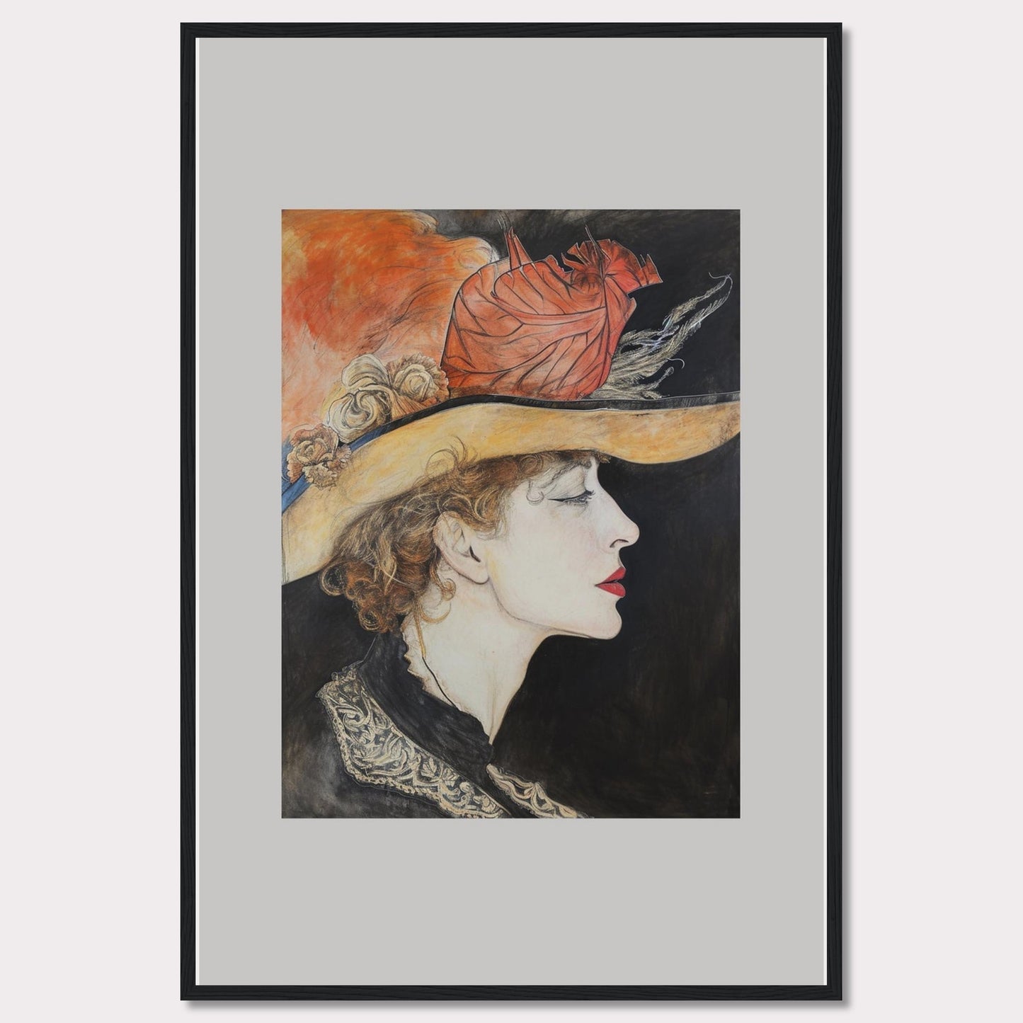 This captivating artwork features a side profile of a woman wearing an elegant hat adorned with feathers and flowers. The detailed illustration showcases her serene expression, accentuated by bold red lips and delicate curls framing her face. The background contrasts beautifully with the vibrant colors of the hat, adding depth to the portrait.