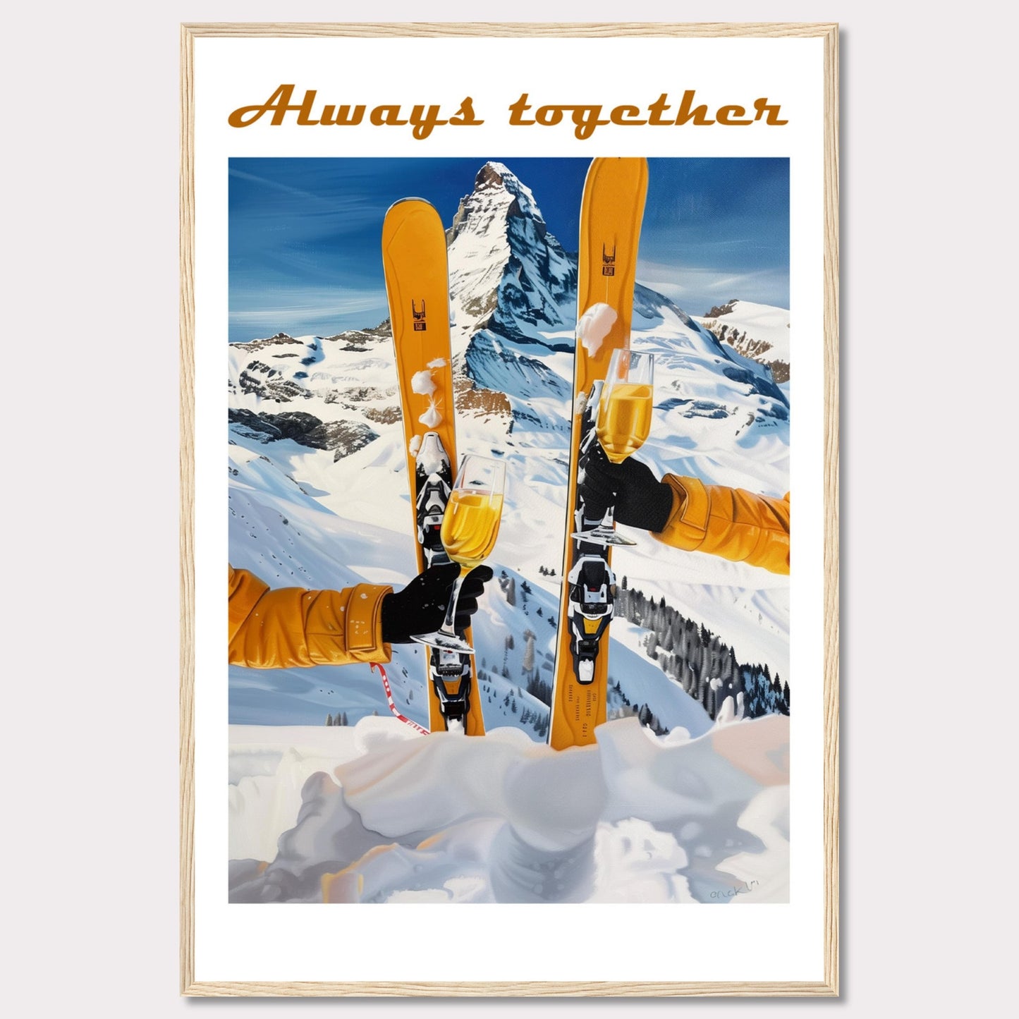 This image showcases a picturesque winter scene with two skiers celebrating on a snowy mountain. The central focus is on the skis and champagne glasses, symbolizing a joyous moment shared together.