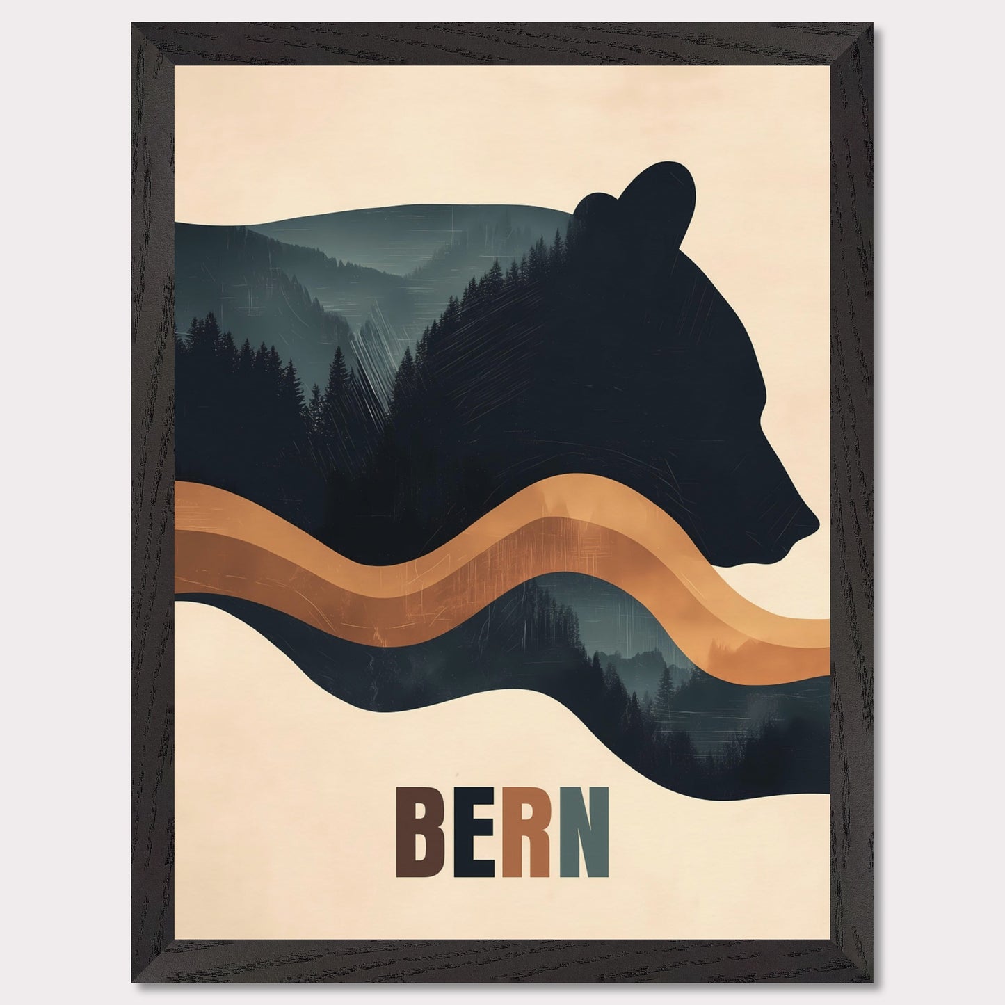 This elegant poster captures the harmony between nature and Bern’s cultural heritage. The silhouette of a bear, the city’s symbol, seamlessly blends with dense forests and flowing lines, creating a sense of tranquility and connection with the surroundings. The minimalist style and warm color palette give the artwork a modern aesthetic.