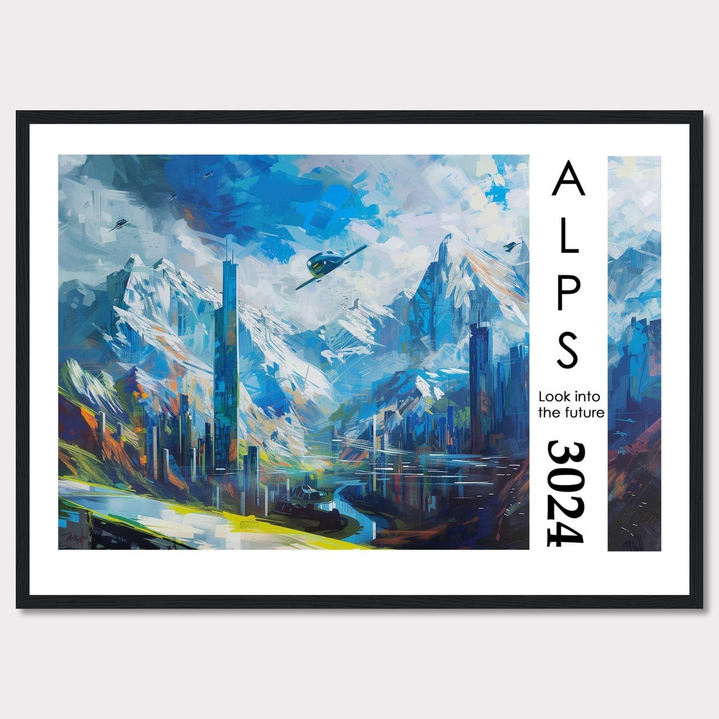 This artwork portrays a futuristic cityscape nestled within the majestic Alps, featuring towering skyscrapers, serene water bodies, and flying vehicles.