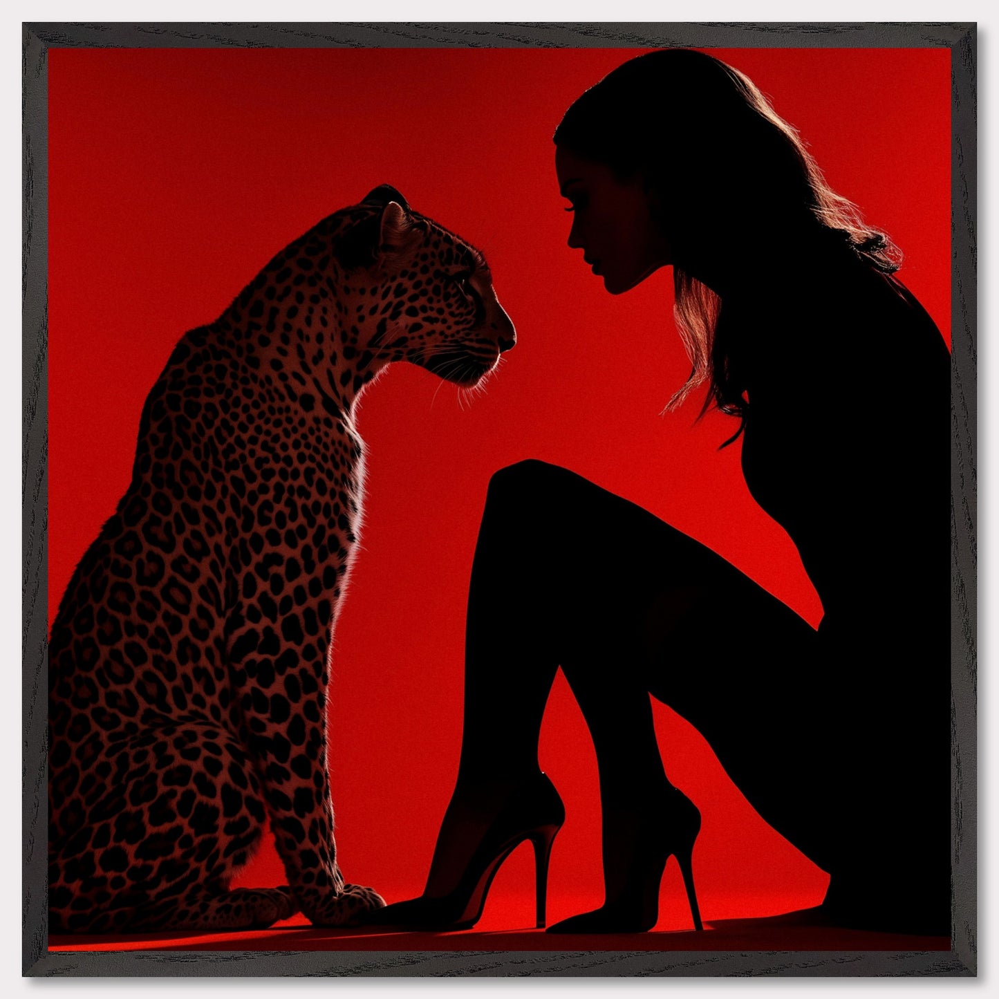 This illustration depicts a silhouette of a woman and a leopard against a vibrant red background. The woman is wearing high heels and is in a kneeling position, facing the leopard. The scene creates a dramatic and intense atmosphere through the use of contrasting colors and shadow play.