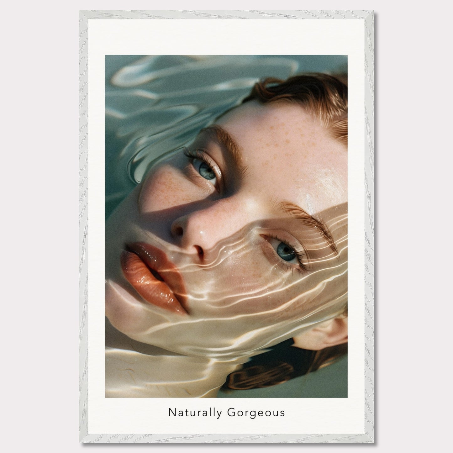 This poster features a close-up illustration of a woman's face partially submerged in water, with light reflections creating a wavy pattern across her skin. The text "Naturally Gorgeous" is displayed below the image.