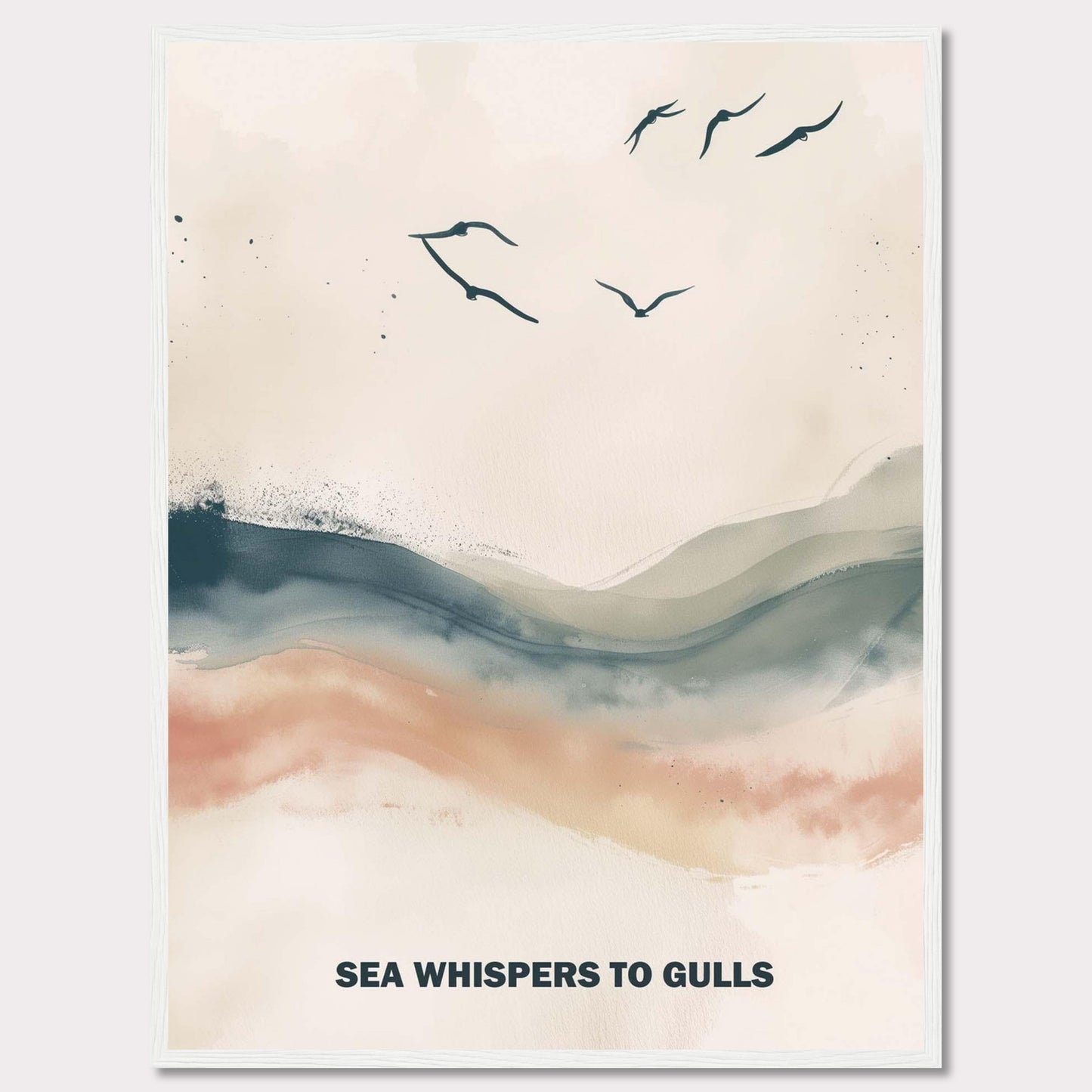 This serene artwork features a minimalist design with gentle waves and flying gulls. The soothing colors create a tranquil atmosphere, perfect for any space needing a touch of calm. The text "SEA WHISPERS TO GULLS" adds a poetic element to the piece.