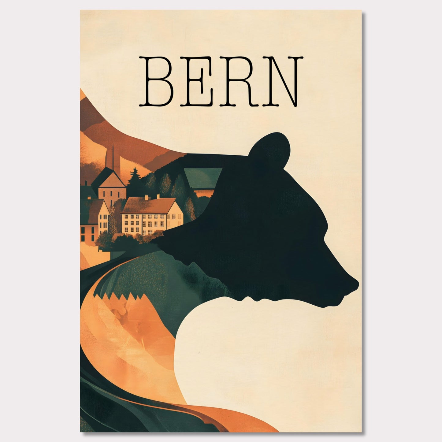 This minimalist travel poster captures the essence of Bern, Switzerland, with a flowing river winding through the city's historic heart. The design highlights the city's iconic medieval architecture, framed by the serene natural surroundings. The soft, muted tones evoke a sense of nostalgia and tranquility, making it a perfect representation of Bern’s timeless beauty.