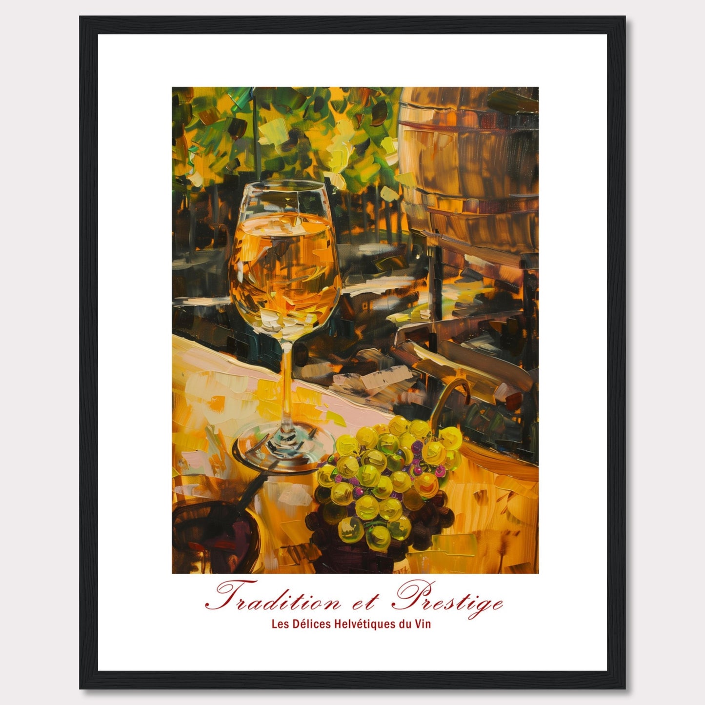 This image showcases a beautifully painted scene of a wine glass filled with white wine, set against a backdrop of a vineyard. The painting captures the essence of tradition and prestige in winemaking.