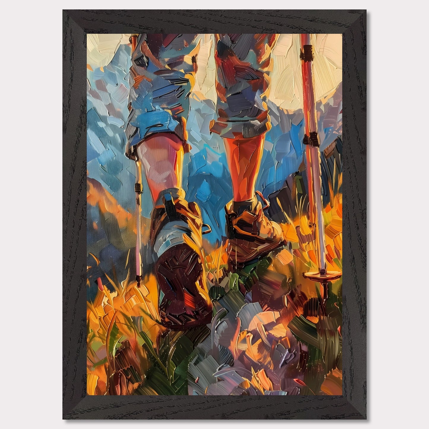 This illustration depicts a hiker's legs and feet as they traverse a vibrant, mountainous landscape. The scene is painted with bold, expressive brushstrokes, emphasizing the dynamic movement and rugged terrain.