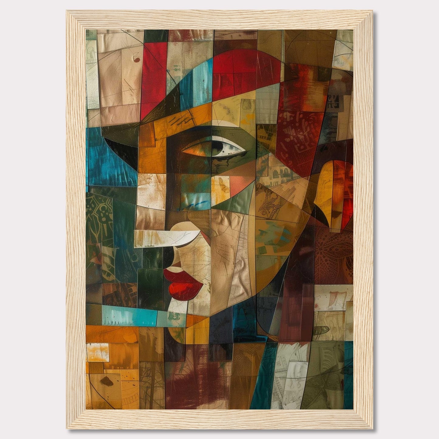 This captivating artwork features a cubist-style portrait, blending vibrant colors and geometric shapes to create a striking visual. The image showcases an abstract face with prominent red lips, a sharp nose, and expressive eyes.