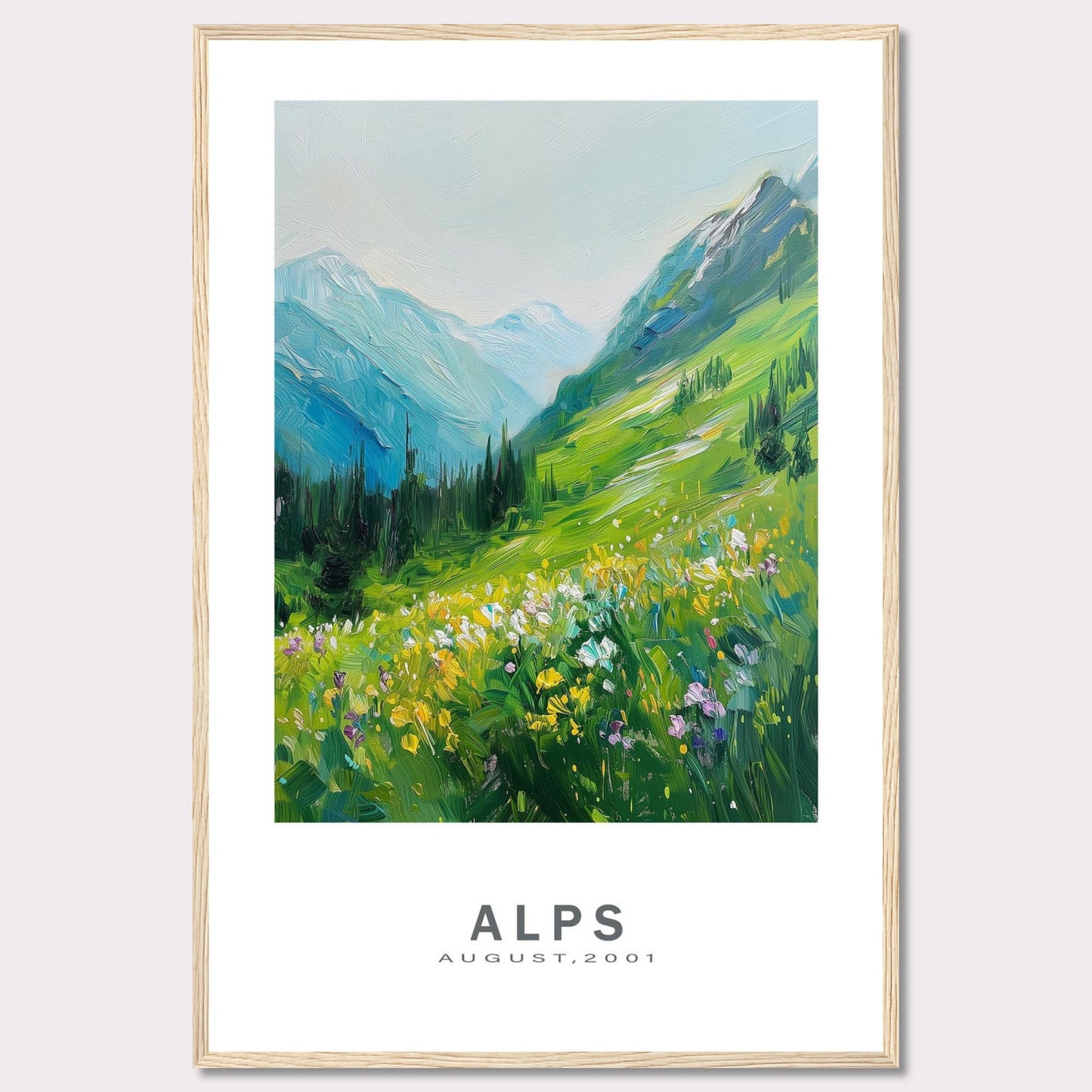 This beautiful framed artwork captures a vibrant and serene landscape of the Alps in August 2001. The painting showcases lush green mountains, colorful wildflowers, and a tranquil sky.