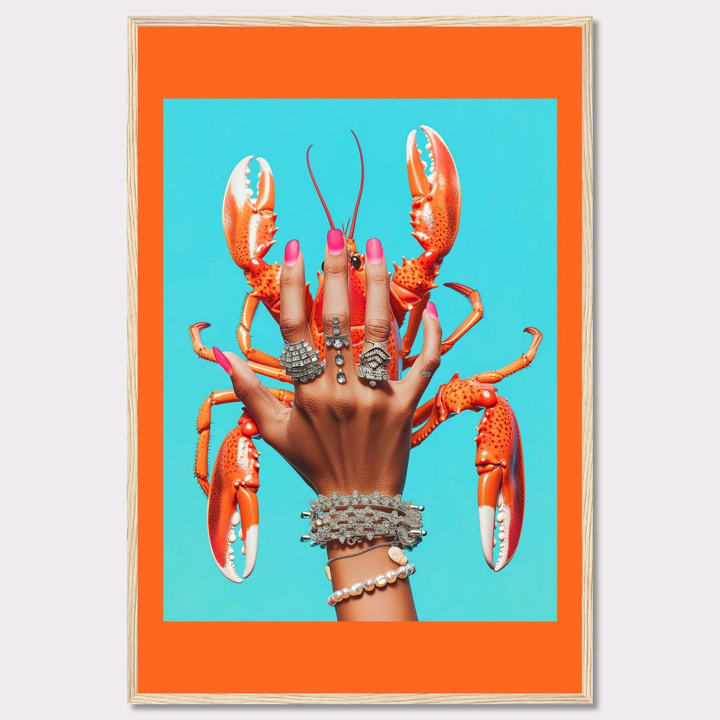 This vibrant and quirky artwork features a hand adorned with luxurious rings and bracelets, holding a bright orange lobster against a vivid blue background. The contrast between the bold colors and the intricate jewelry creates a striking visual impact.